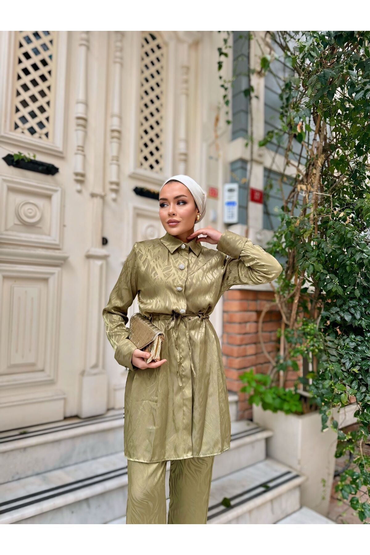 Kadın Bağlamalı Uzun Ceket Bol Pantolon Yeşil Ikili Takım