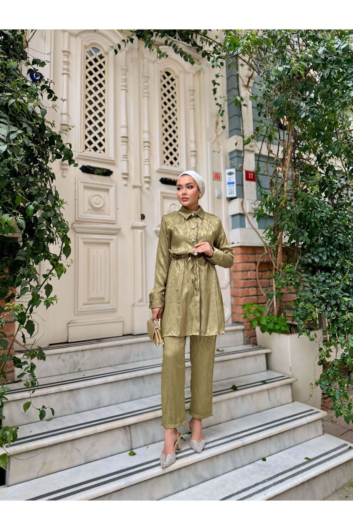 Kadın Bağlamalı Uzun Ceket Bol Pantolon Yeşil Ikili Takım