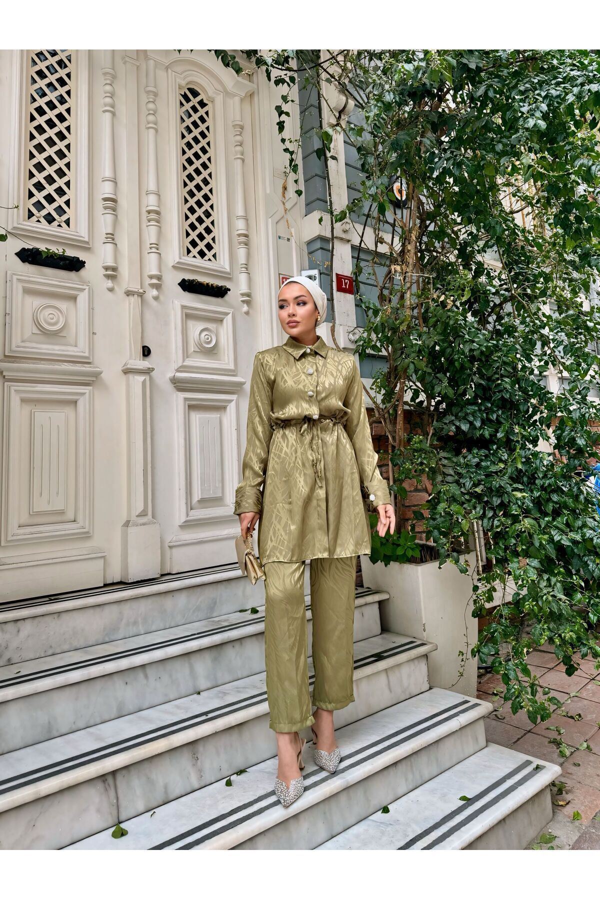 Kadın Bağlamalı Uzun Ceket Bol Pantolon Yeşil Ikili Takım