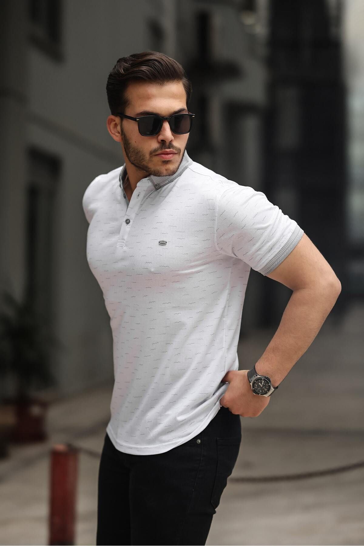 Erkek Kıvrılmaz Polo Yaka Cepsiz Slim Fit Desenli T-Shirt