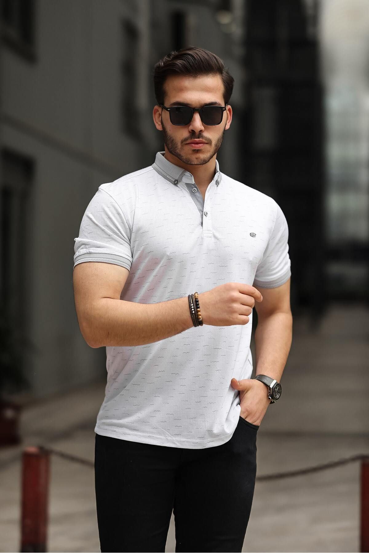 Erkek Kıvrılmaz Polo Yaka Cepsiz Slim Fit Desenli T-Shirt