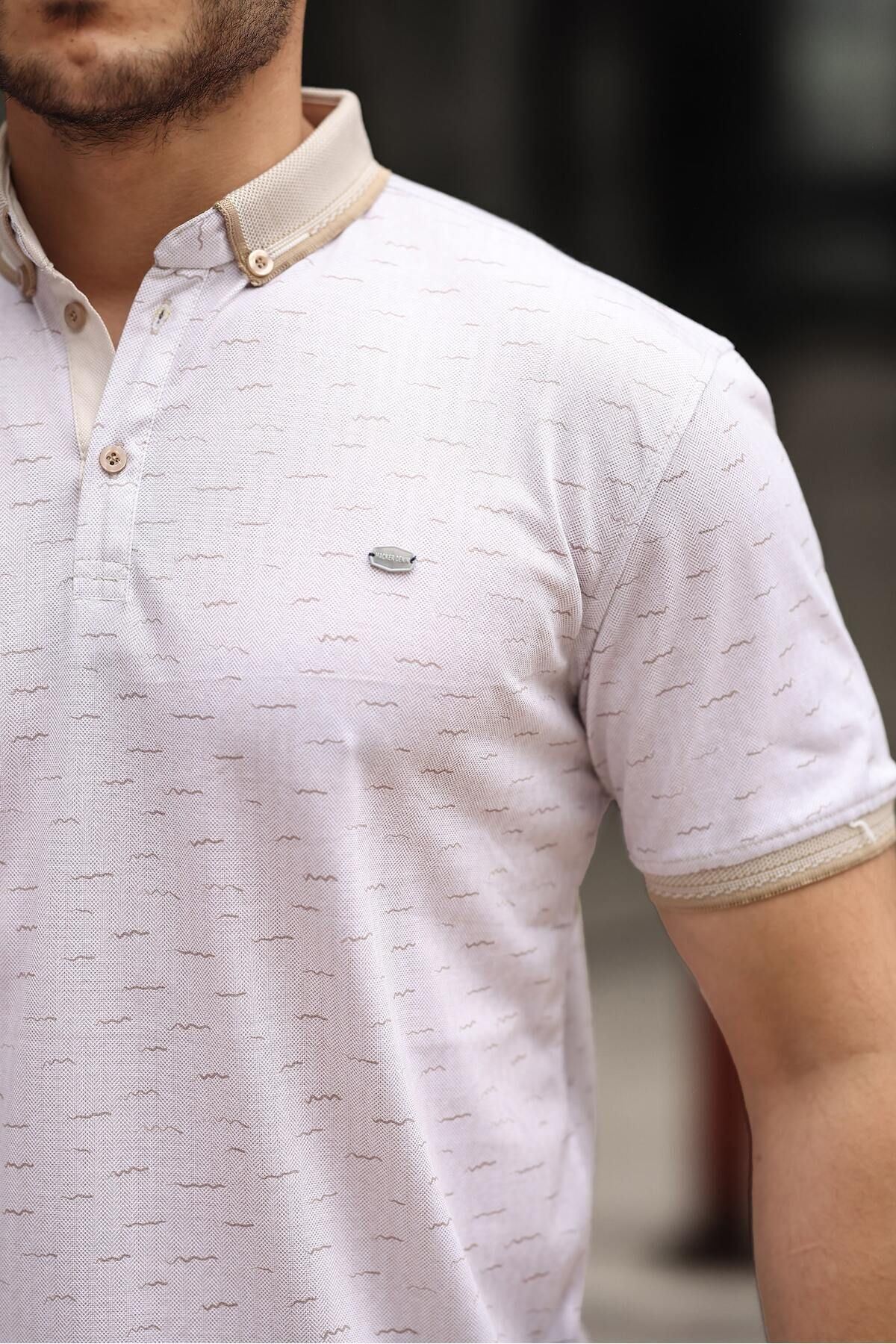 Erkek Kıvrılmaz Polo Yaka Cepsiz Slim Fit Desenli T-Shirt