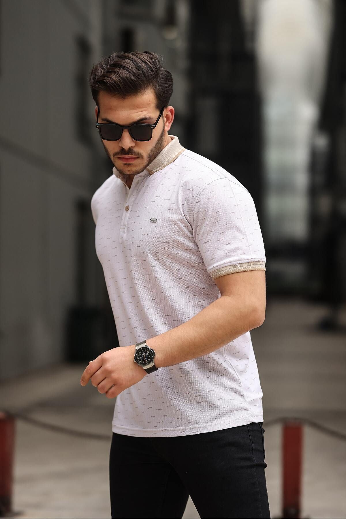 Erkek Kıvrılmaz Polo Yaka Cepsiz Slim Fit Desenli T-Shirt