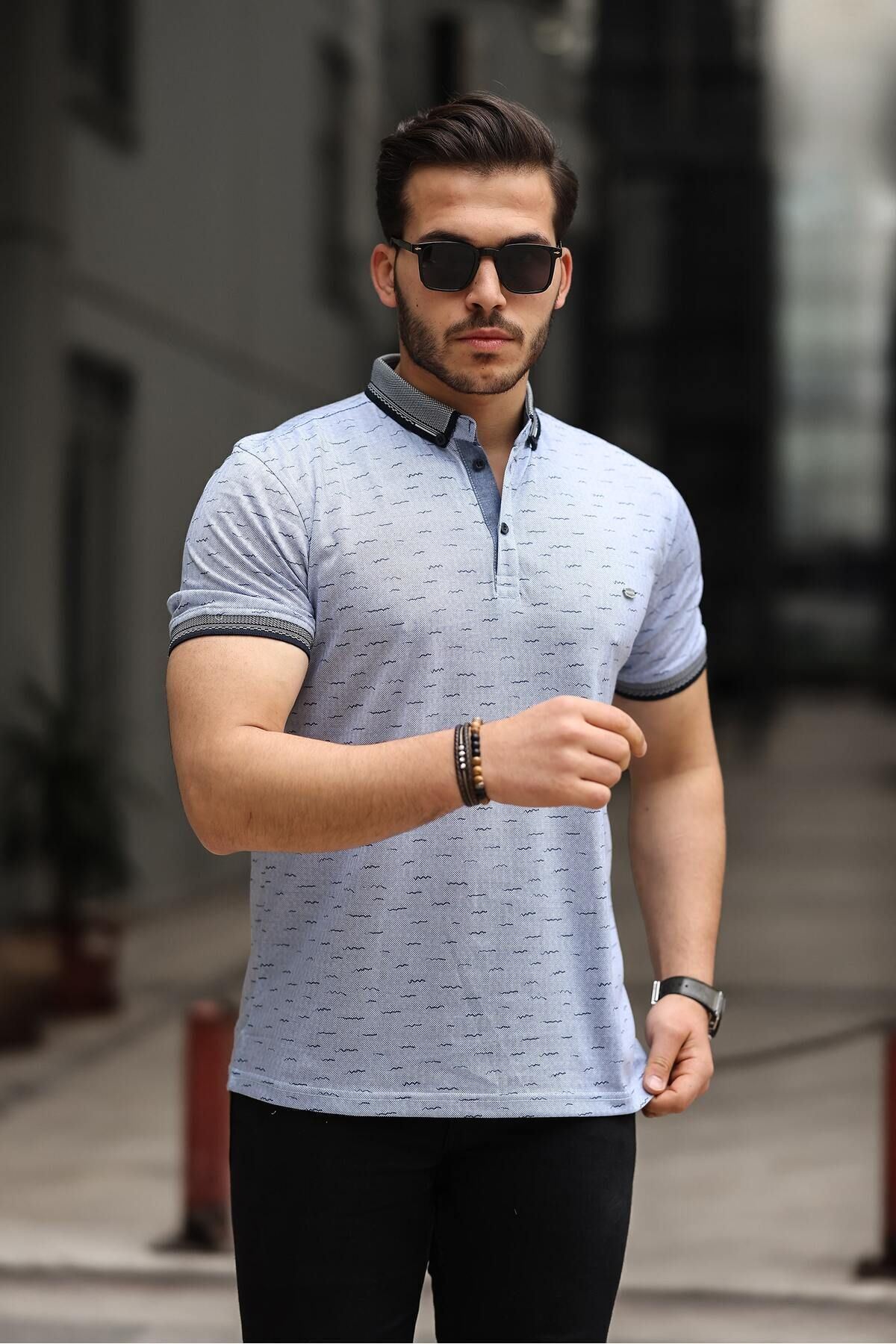 Erkek Kıvrılmaz Polo Yaka Cepsiz Slim Fit Desenli T-Shirt