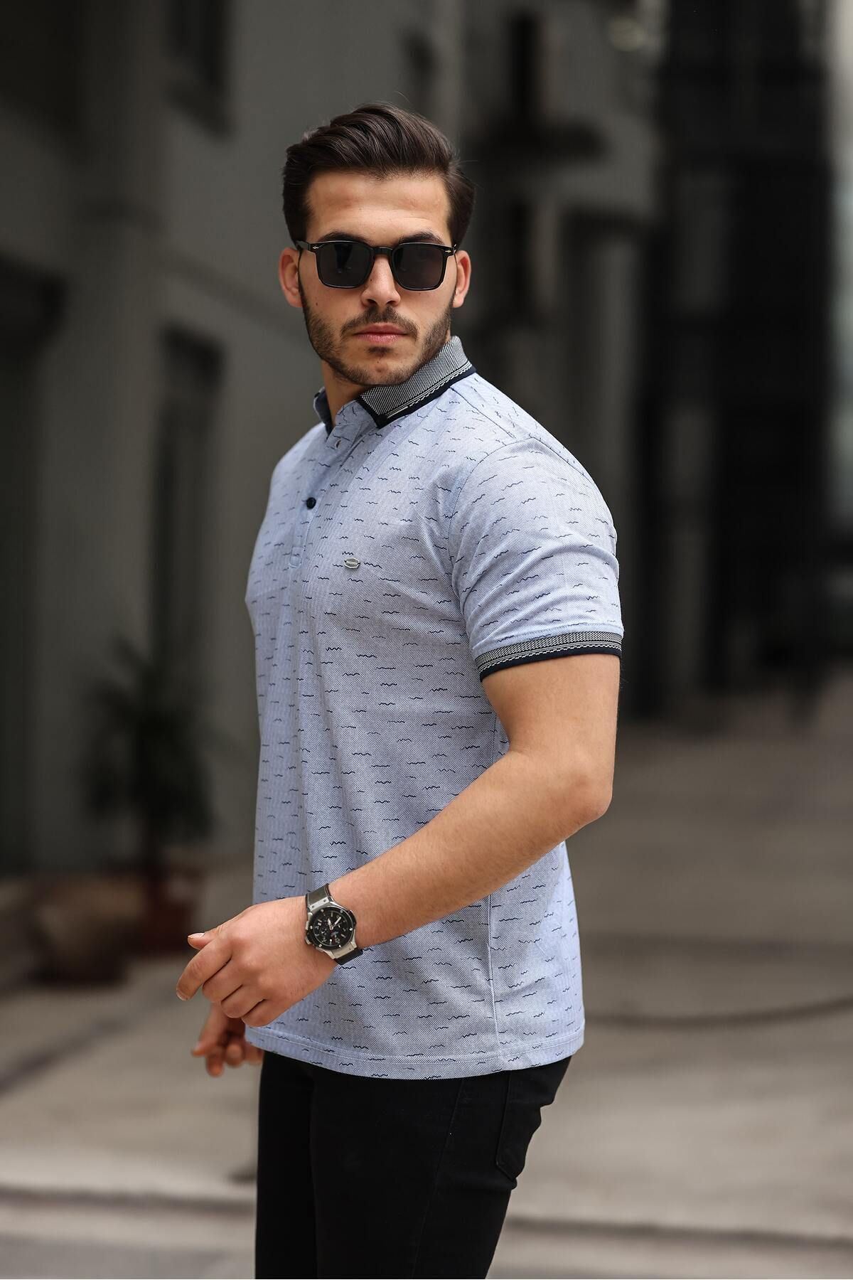 Erkek Kıvrılmaz Polo Yaka Cepsiz Slim Fit Desenli T-Shirt