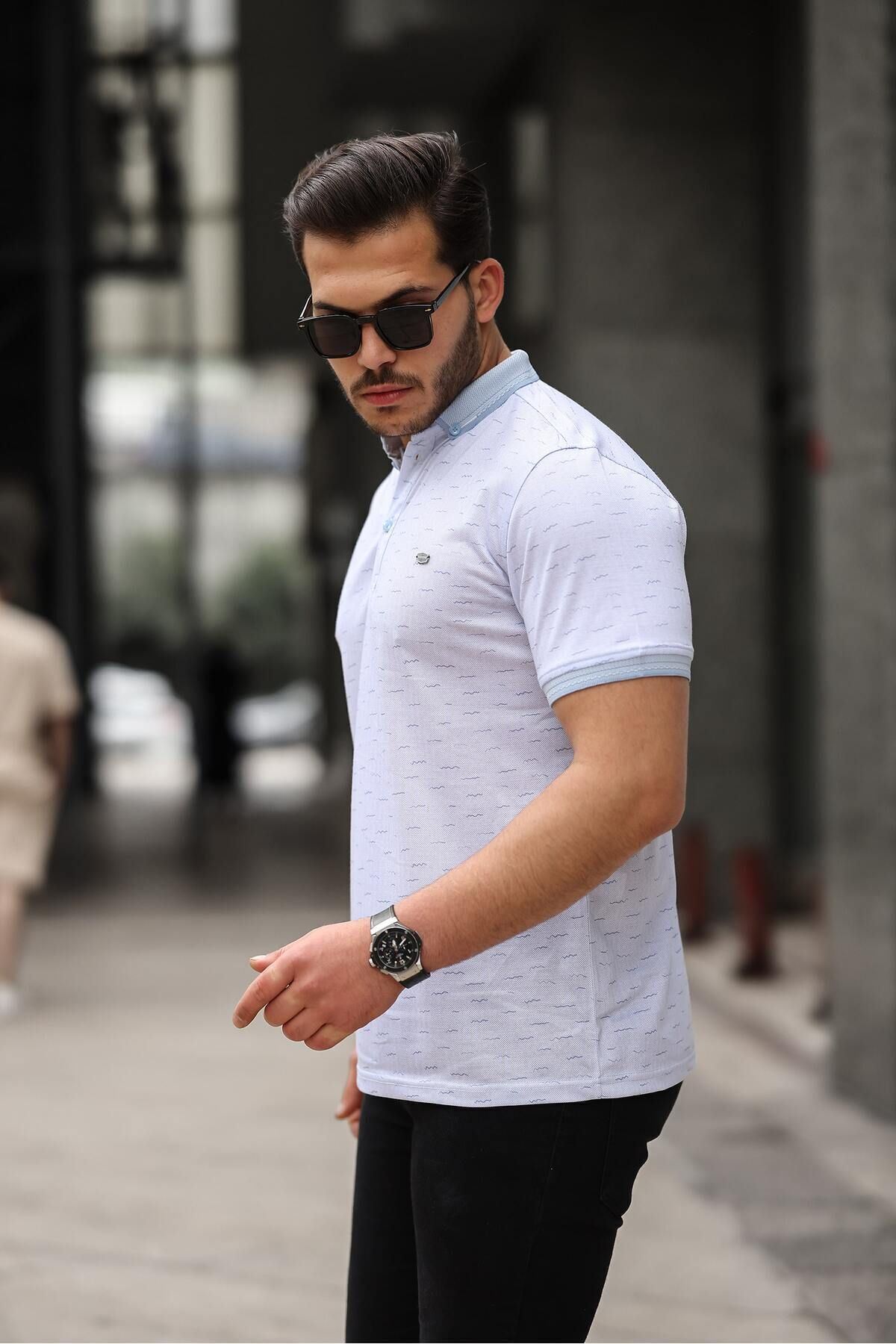 Erkek Kıvrılmaz Polo Yaka Cepsiz Slim Fit Desenli T-Shirt