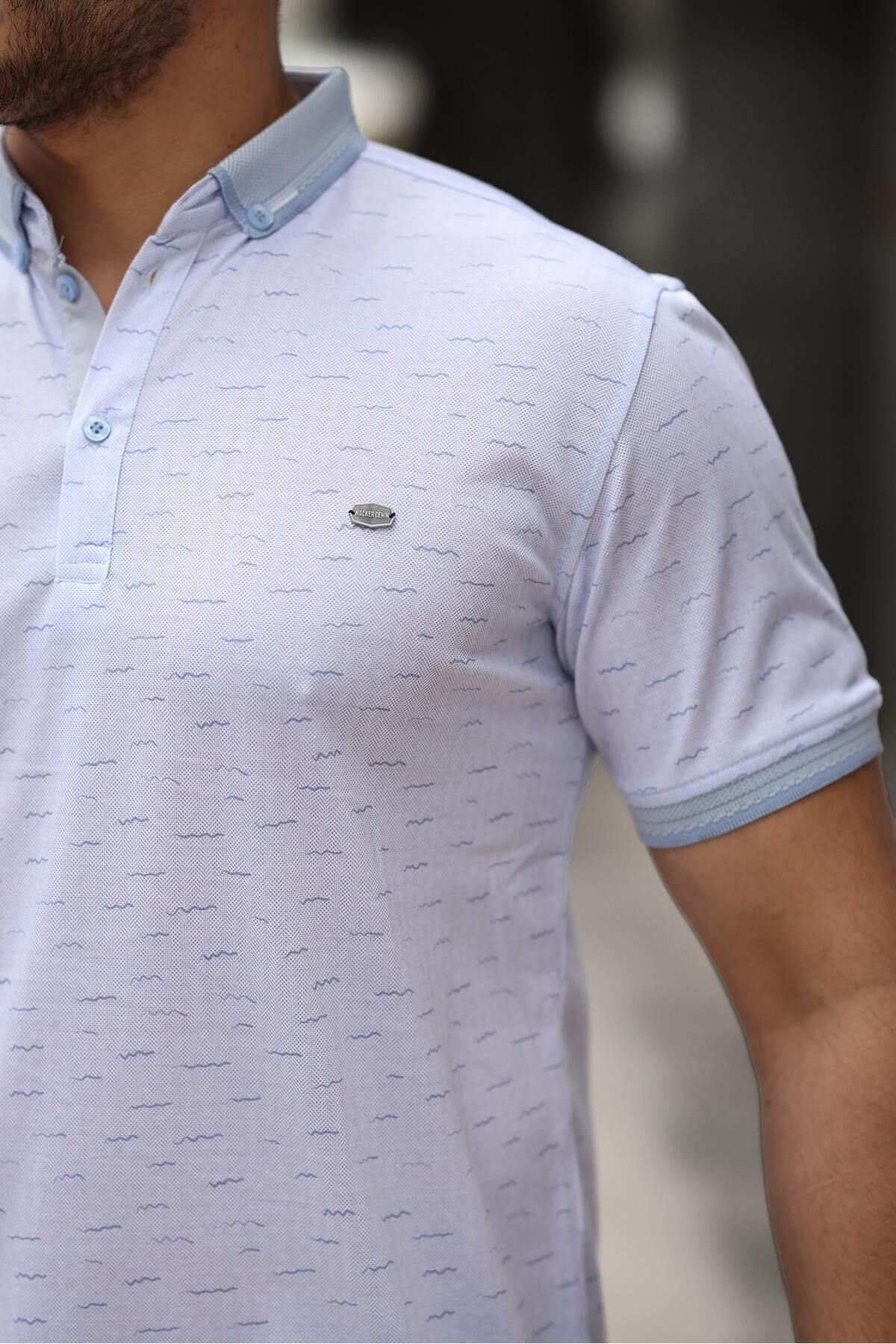 Erkek Kıvrılmaz Polo Yaka Cepsiz Slim Fit Desenli T-Shirt