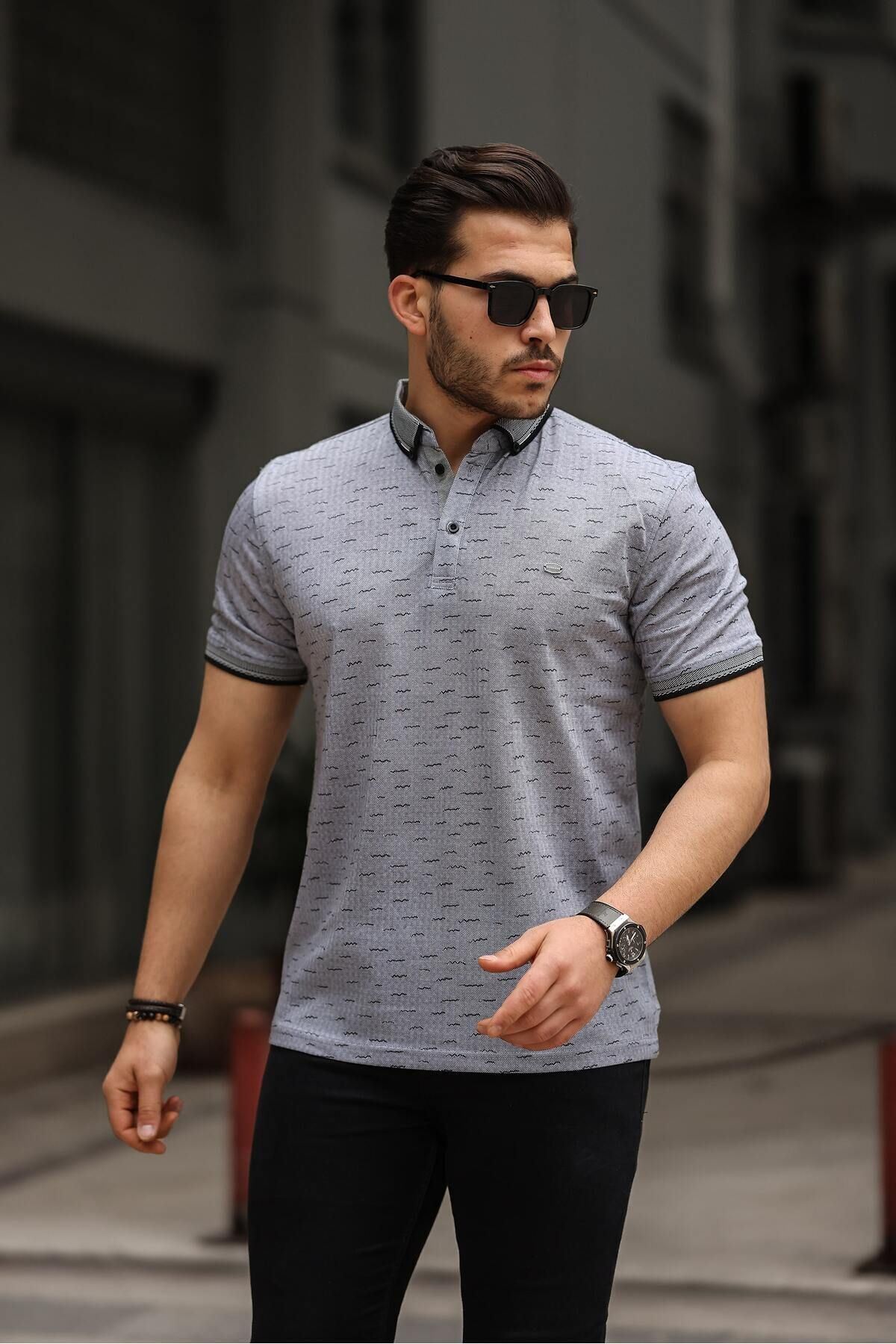 Erkek Kıvrılmaz Polo Yaka Cepsiz Slim Fit Desenli T-Shirt