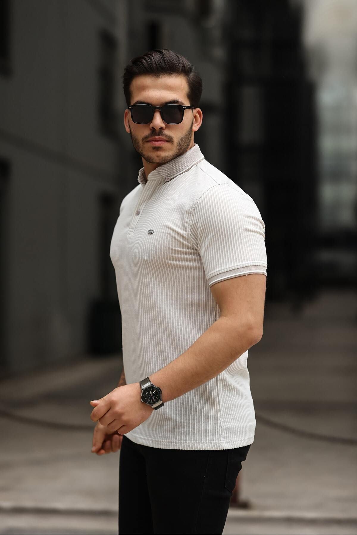 Erkek Kıvrılmaz Polo Yaka  Slim Fit Çizgili T-Shirt
