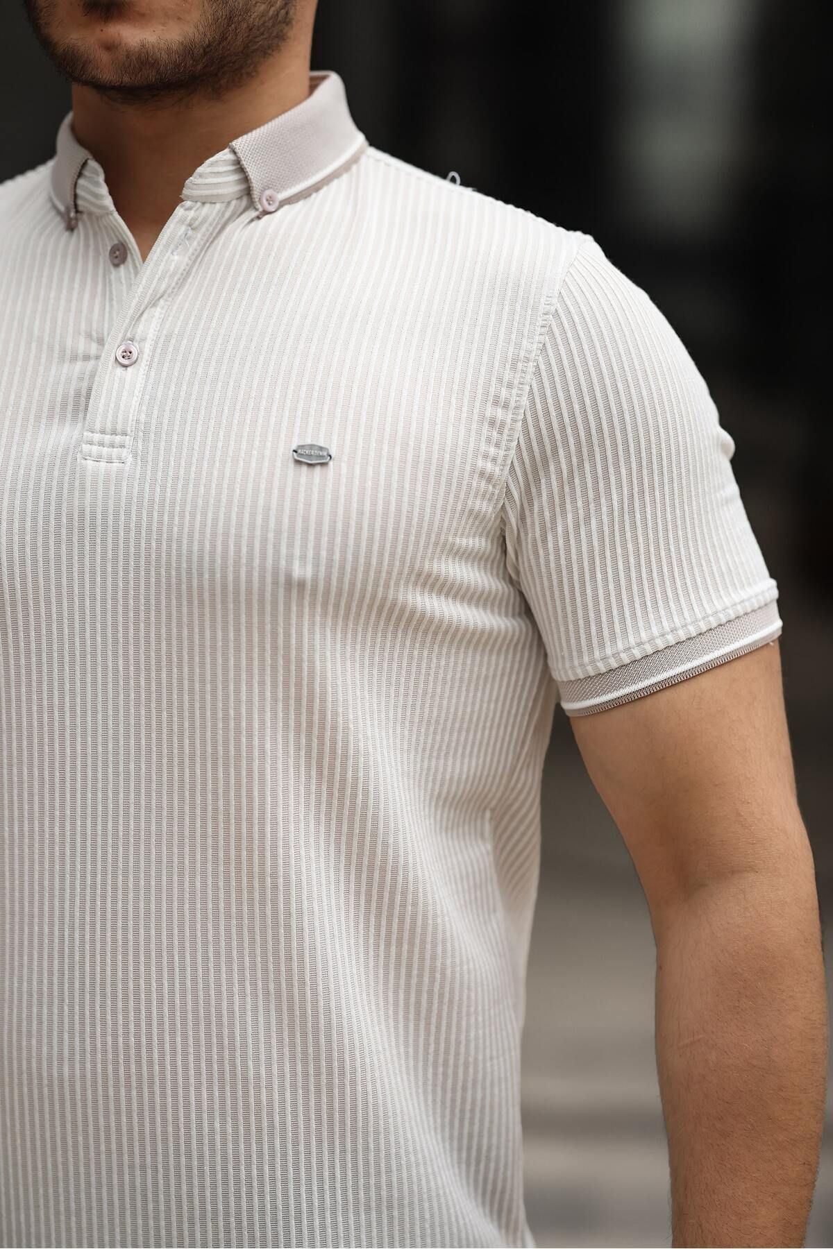 Erkek Kıvrılmaz Polo Yaka  Slim Fit Çizgili T-Shirt