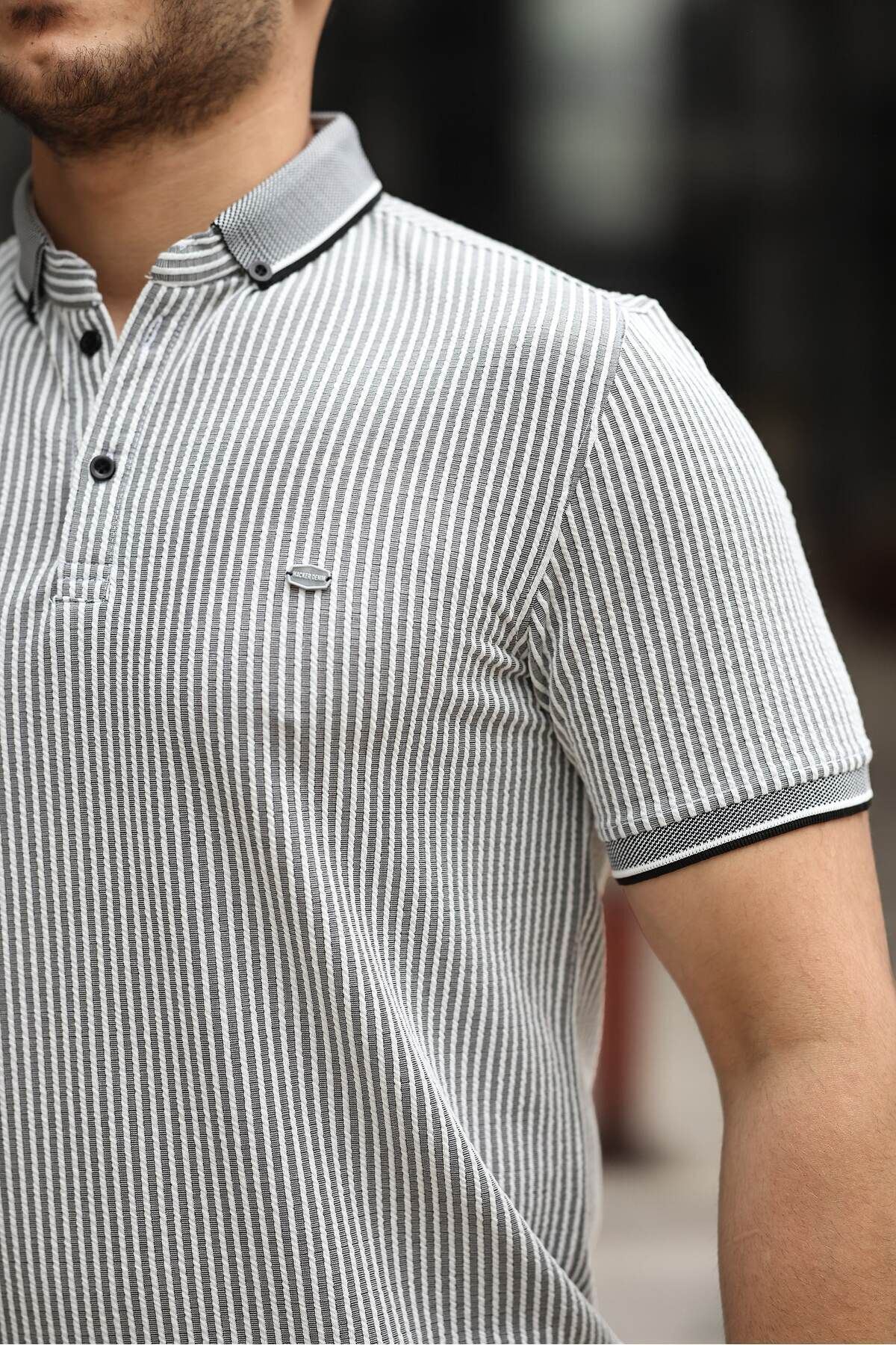 Erkek Kıvrılmaz Polo Yaka  Slim Fit Çizgili T-Shirt