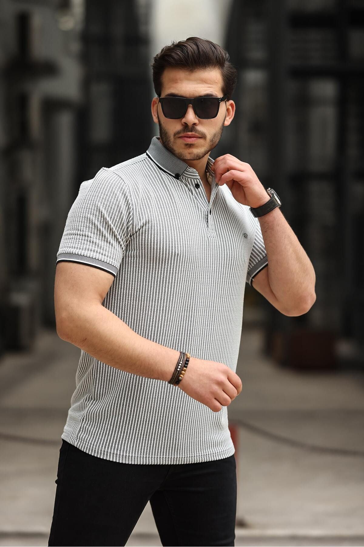 Erkek Kıvrılmaz Polo Yaka  Slim Fit Çizgili T-Shirt