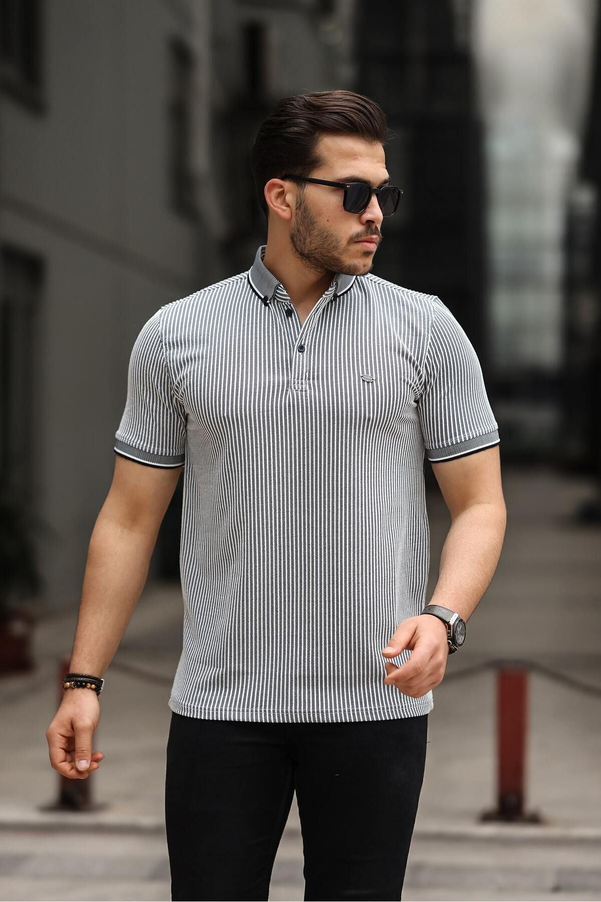 Erkek Kıvrılmaz Polo Yaka  Slim Fit Çizgili T-Shirt
