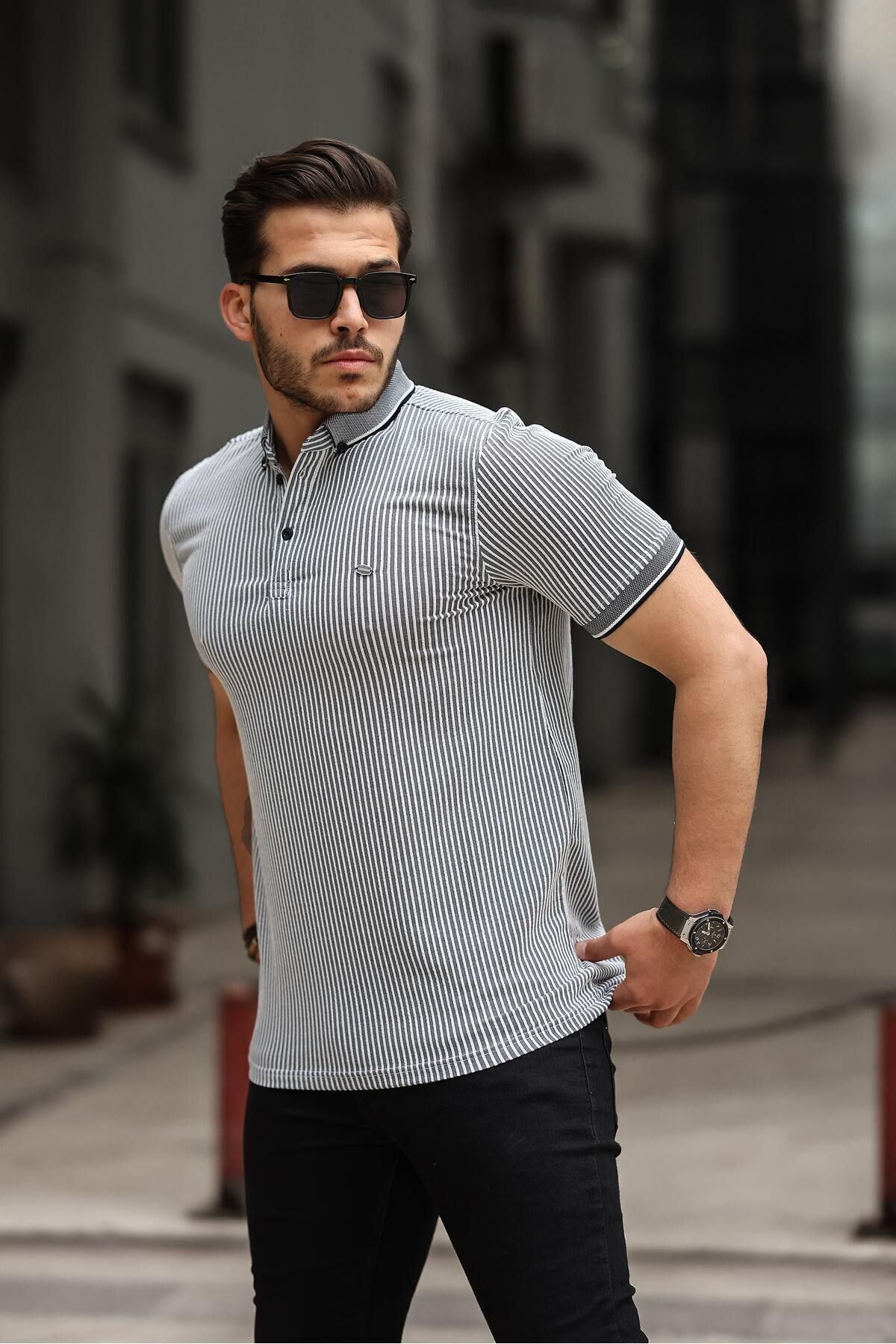 Erkek Kıvrılmaz Polo Yaka  Slim Fit Çizgili T-Shirt