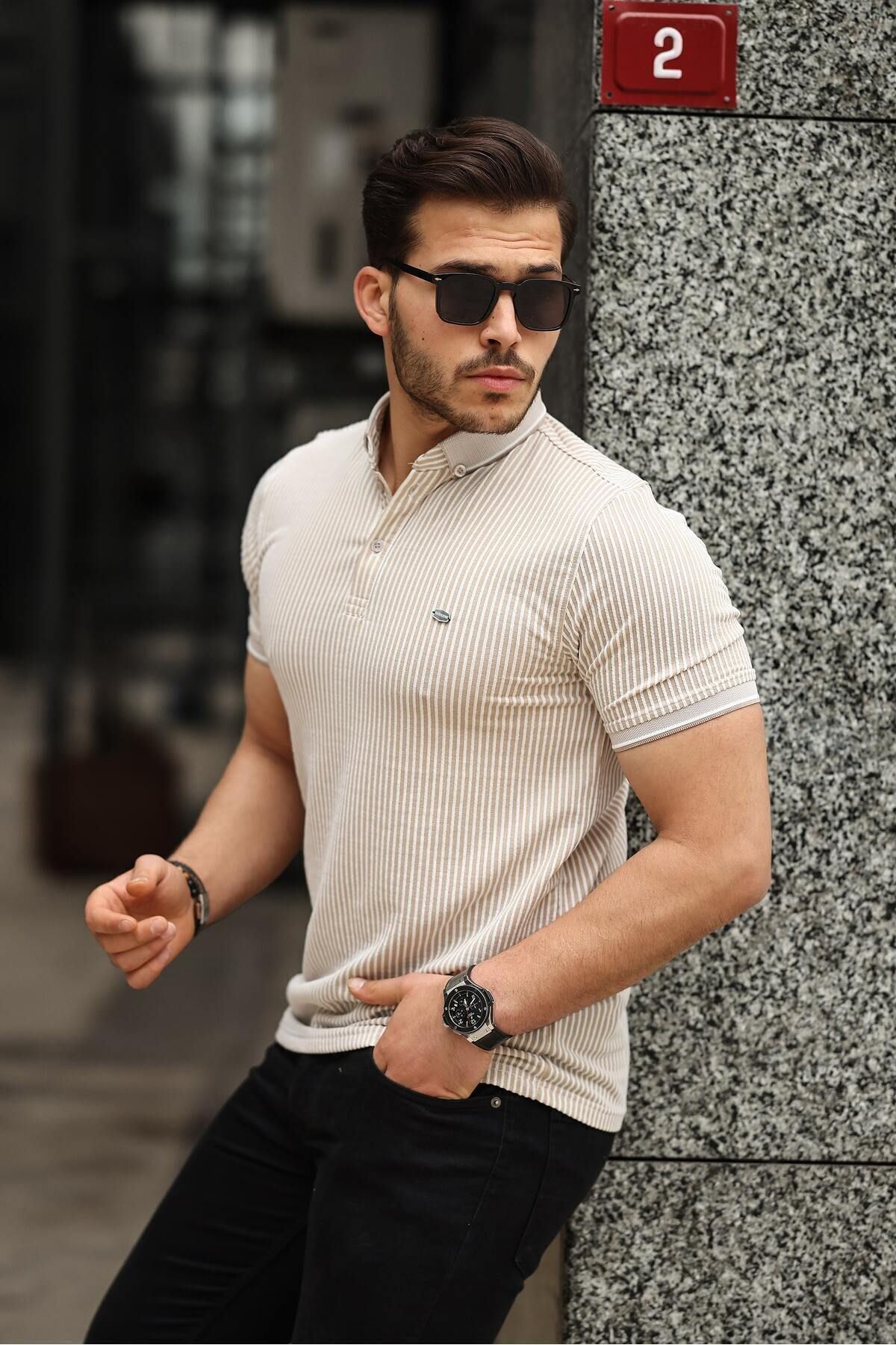Erkek Kıvrılmaz Polo Yaka  Slim Fit Çizgili T-Shirt