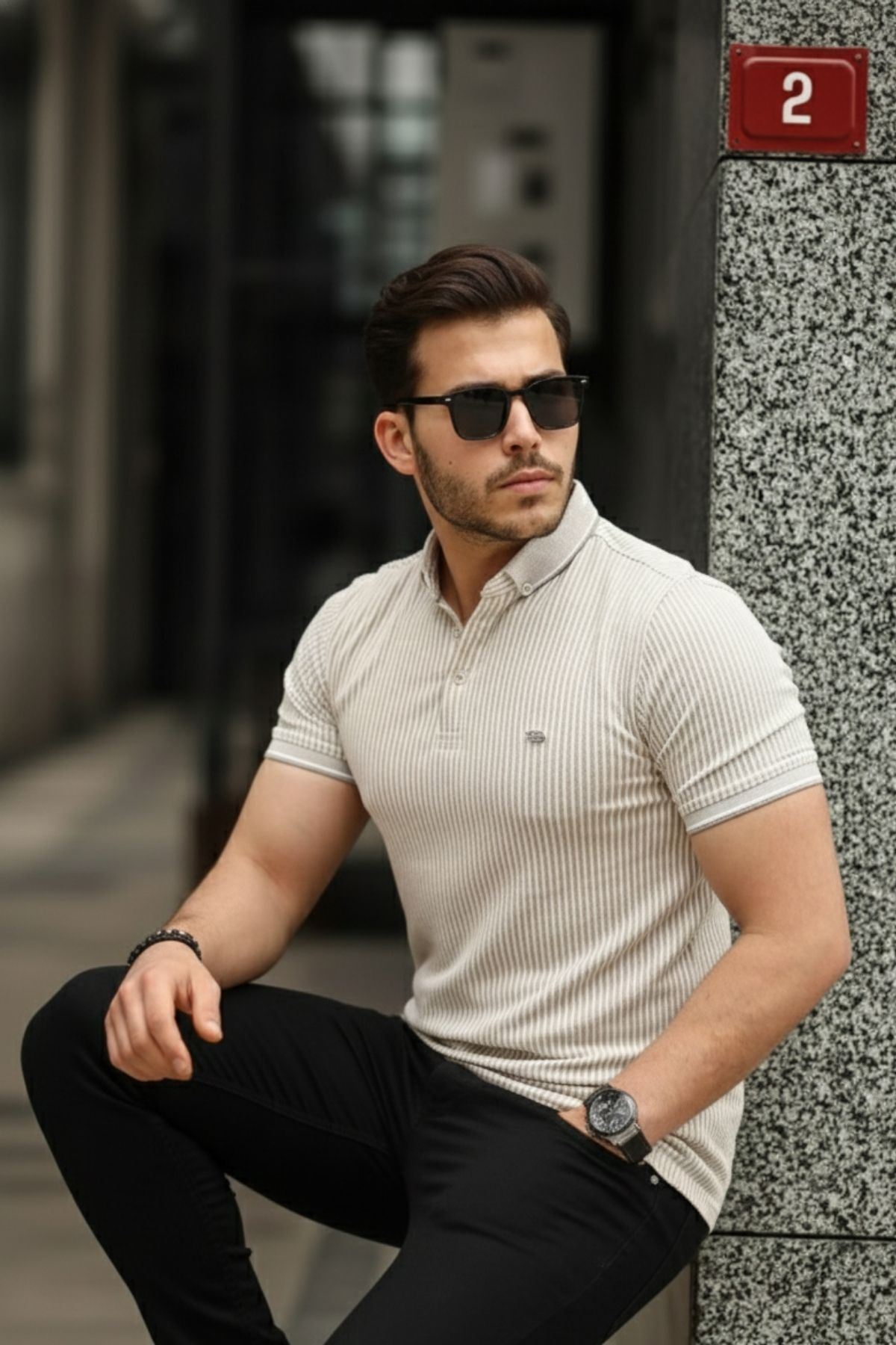 Erkek Kıvrılmaz Polo Yaka  Slim Fit Çizgili T-Shirt