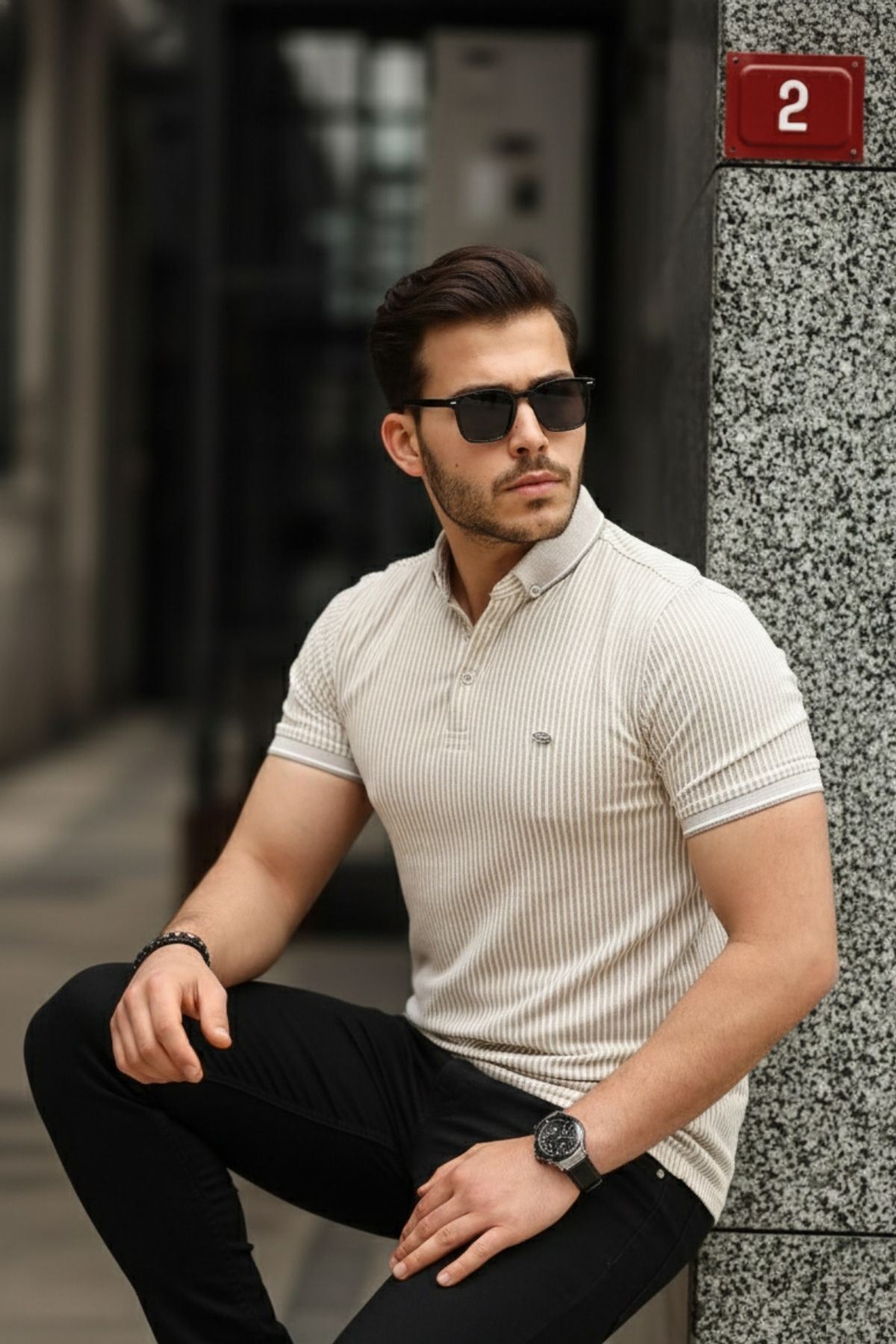 Erkek Kıvrılmaz Polo Yaka  Slim Fit Çizgili T-Shirt