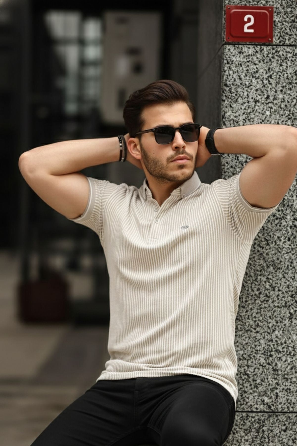 Erkek Kıvrılmaz Polo Yaka  Slim Fit Çizgili T-Shirt