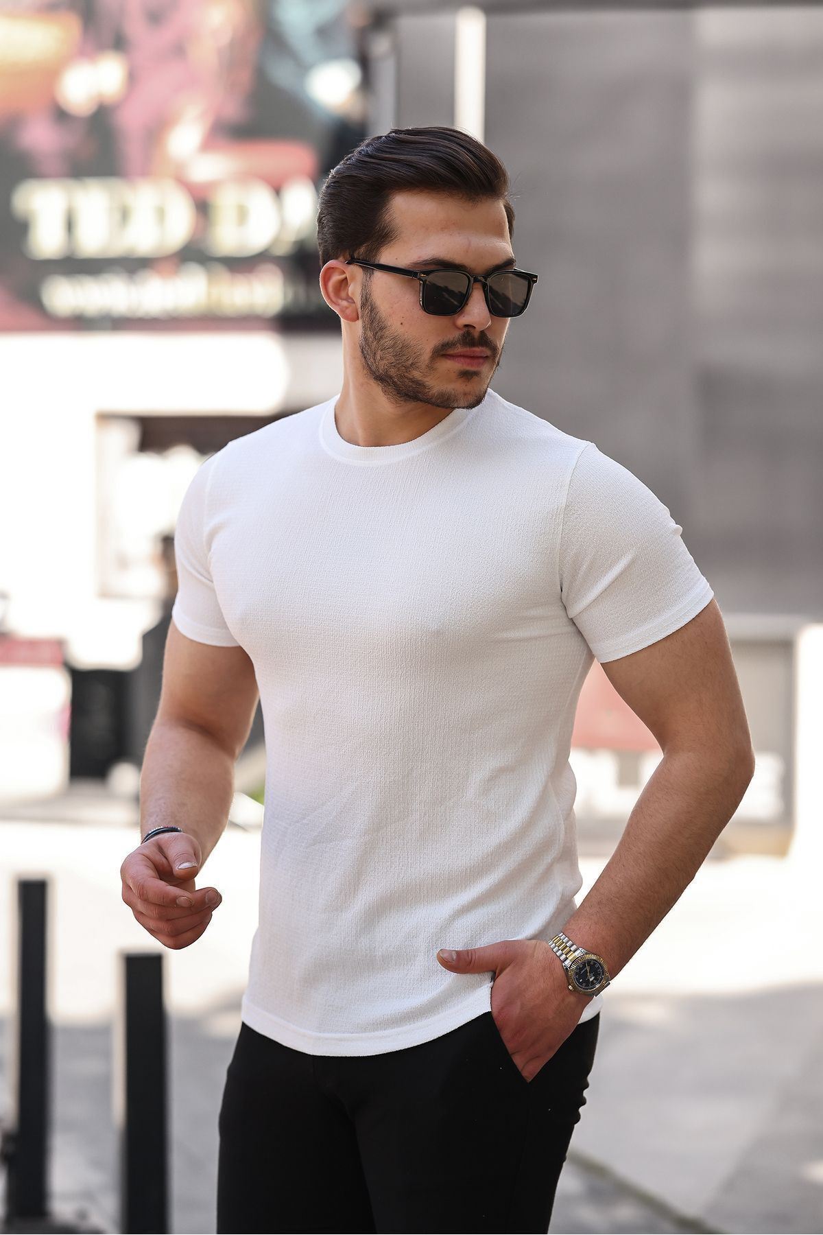 Erkek Bisiklet Yaka Örme Tişört