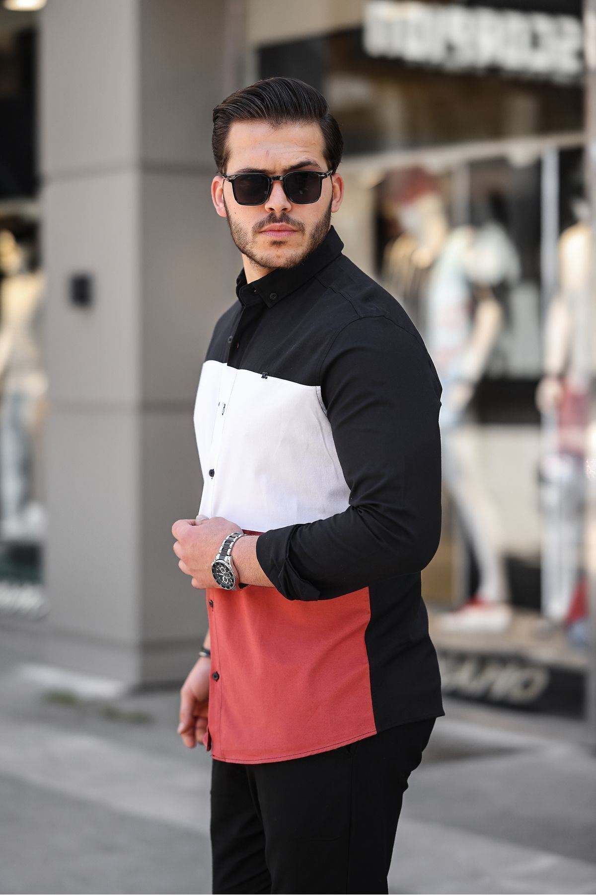 Üç Renk Slim Fit Likralı Kot Gömlek