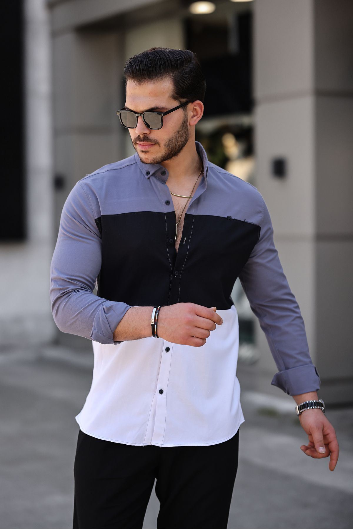 Üç Renk Slim Fit Likralı Kot Gömlek