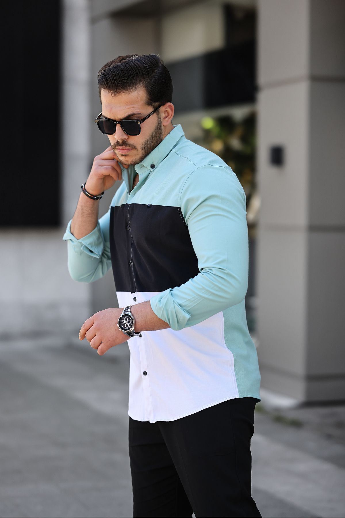 Üç Renk Slim Fit Likralı Kot Gömlek