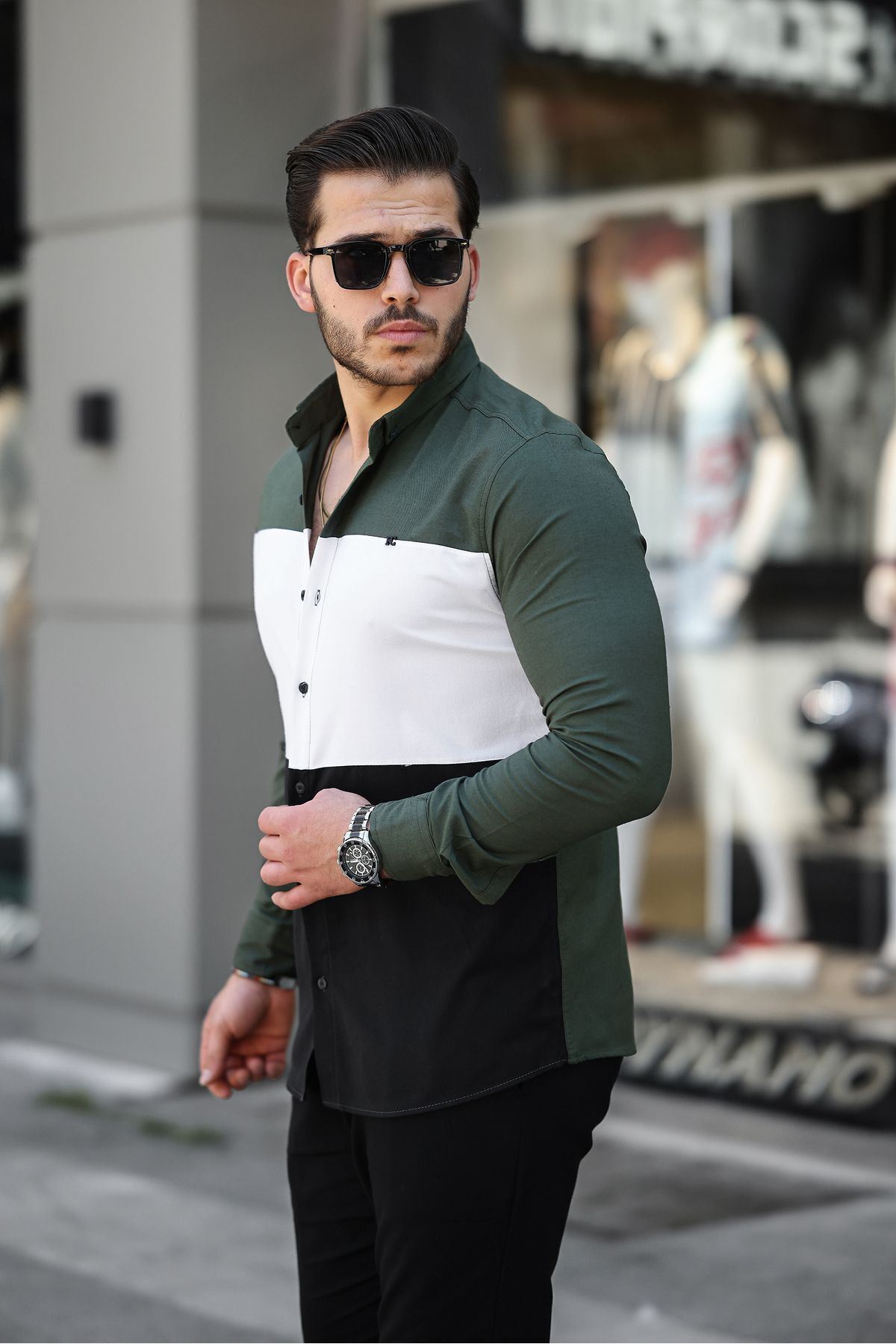 Üç Renk Slim Fit Likralı Kot Gömlek