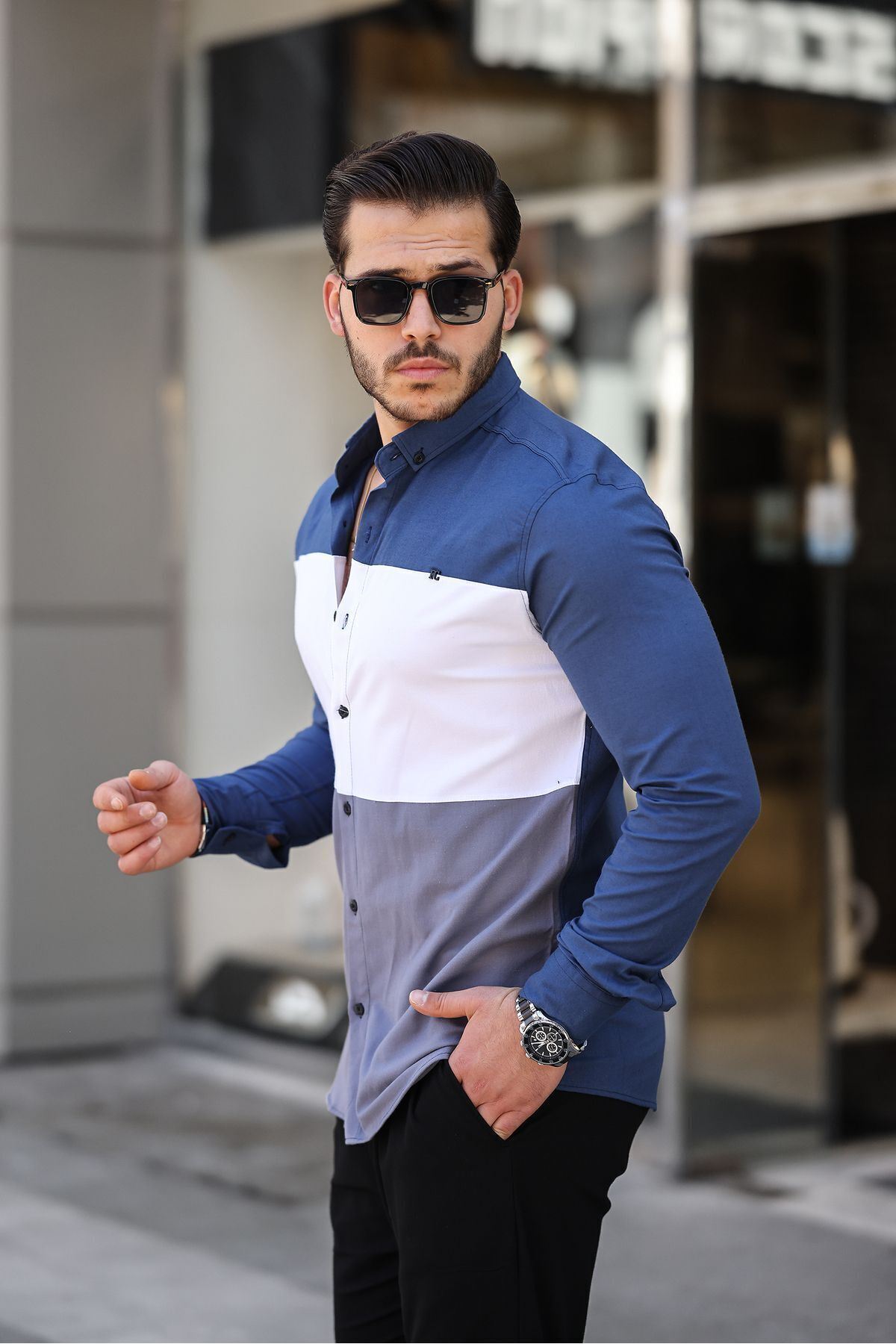 Üç Renk Slim Fit Likralı Kot Gömlek