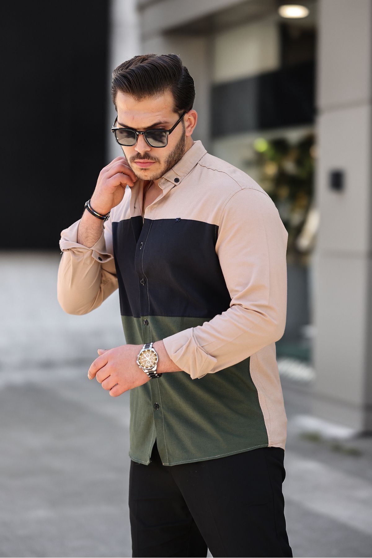 Üç Renk Slim Fit Likralı Kot Gömlek