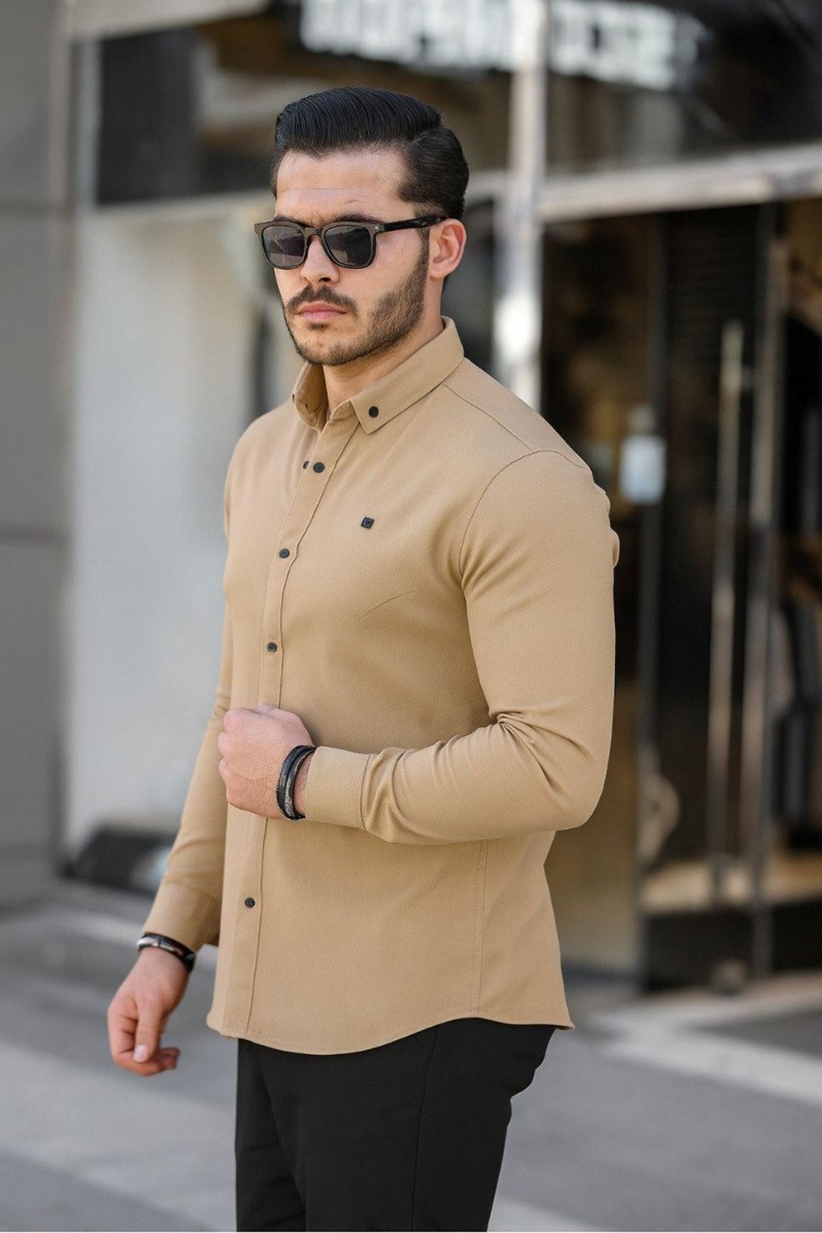Erkek Basic Slim Fit Uzun Kol Bej Dar Kot Gömlek