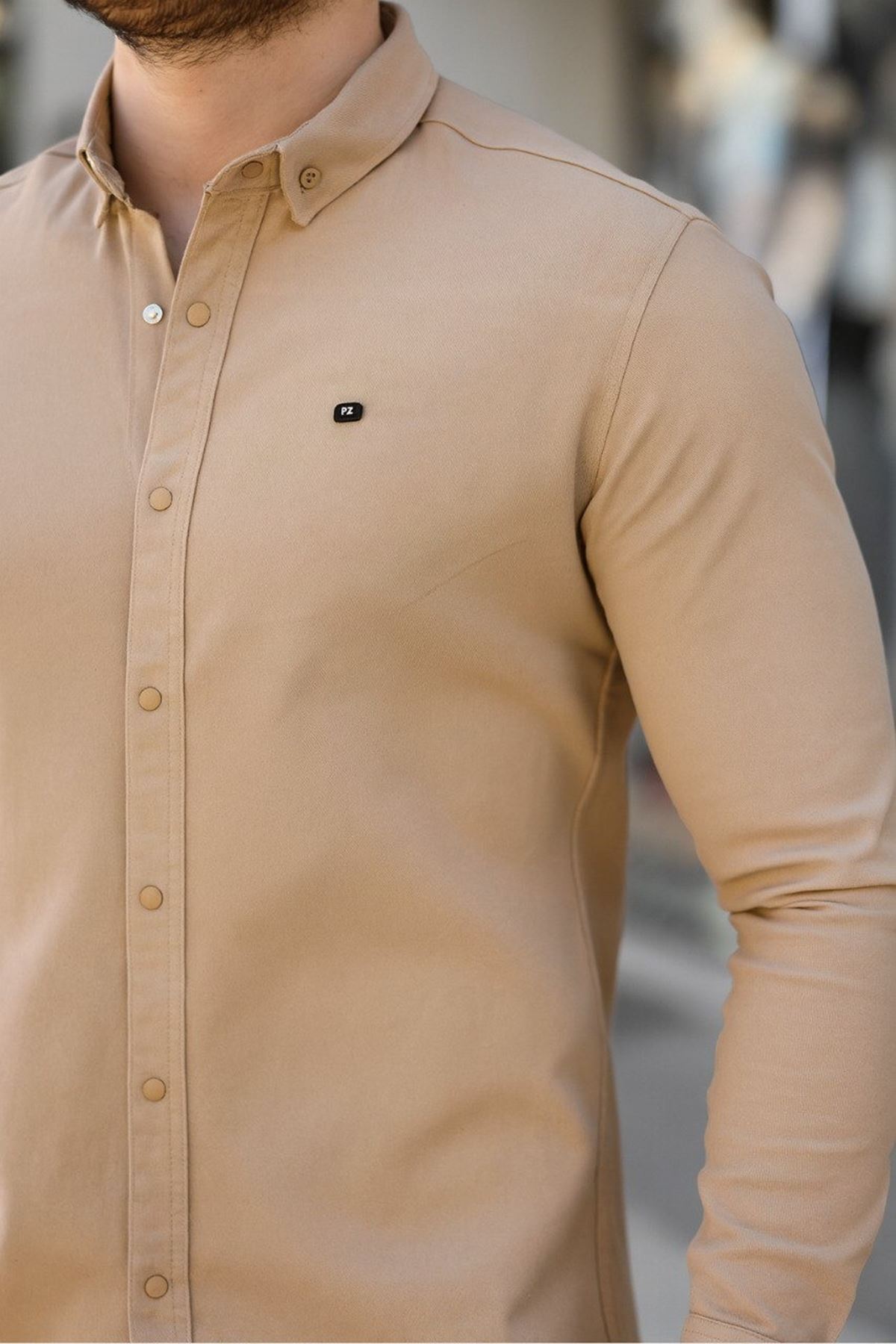 Erkek Basic Slim Fit Uzun Kol Bej Dar Kot Gömlek