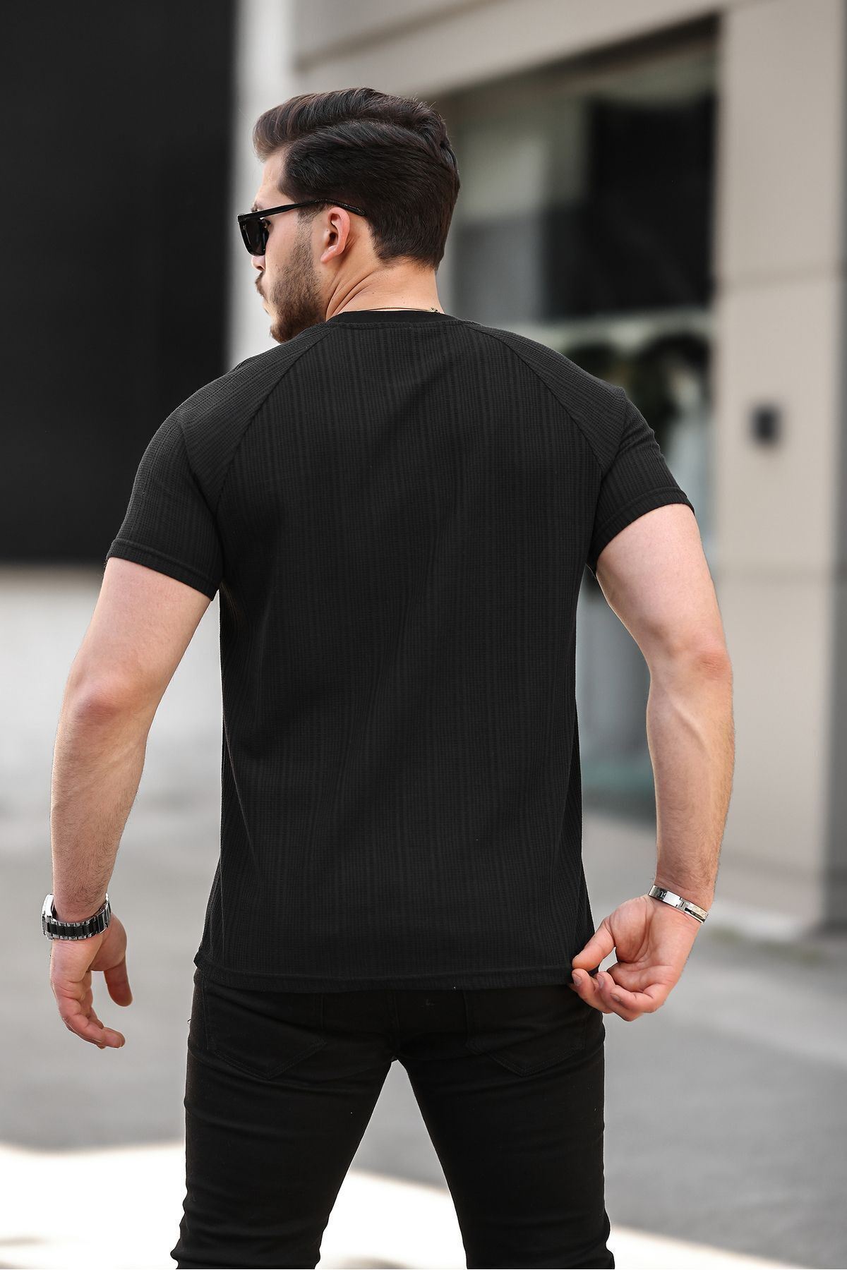 Erkek Kendinden Çizgili Slim Fit T-Shirt