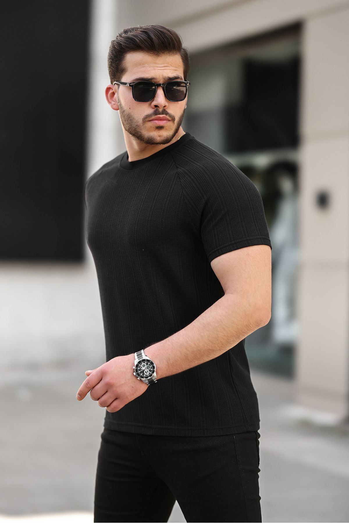 Erkek Kendinden Çizgili Slim Fit T-Shirt