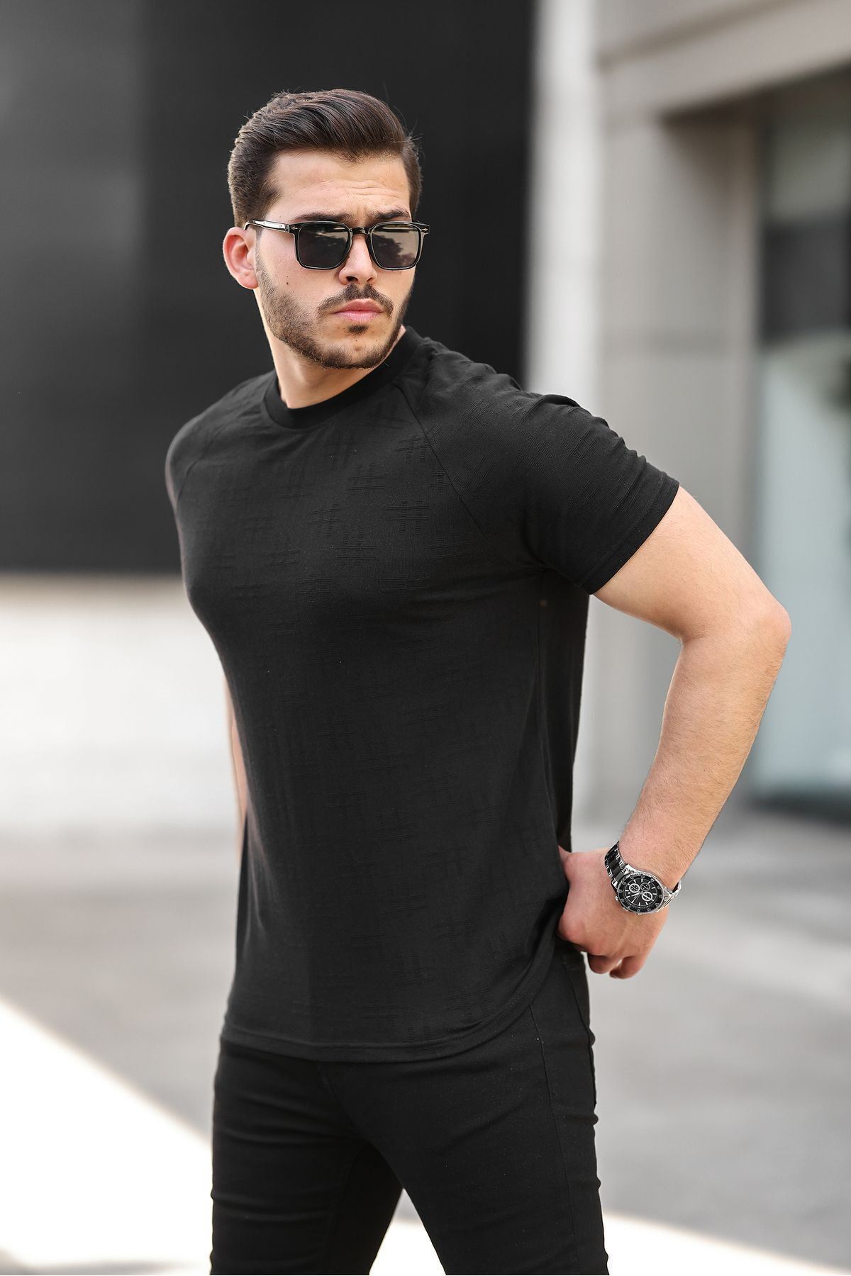 Erkek Kendinden Desenli Slim Fit T-Shirt