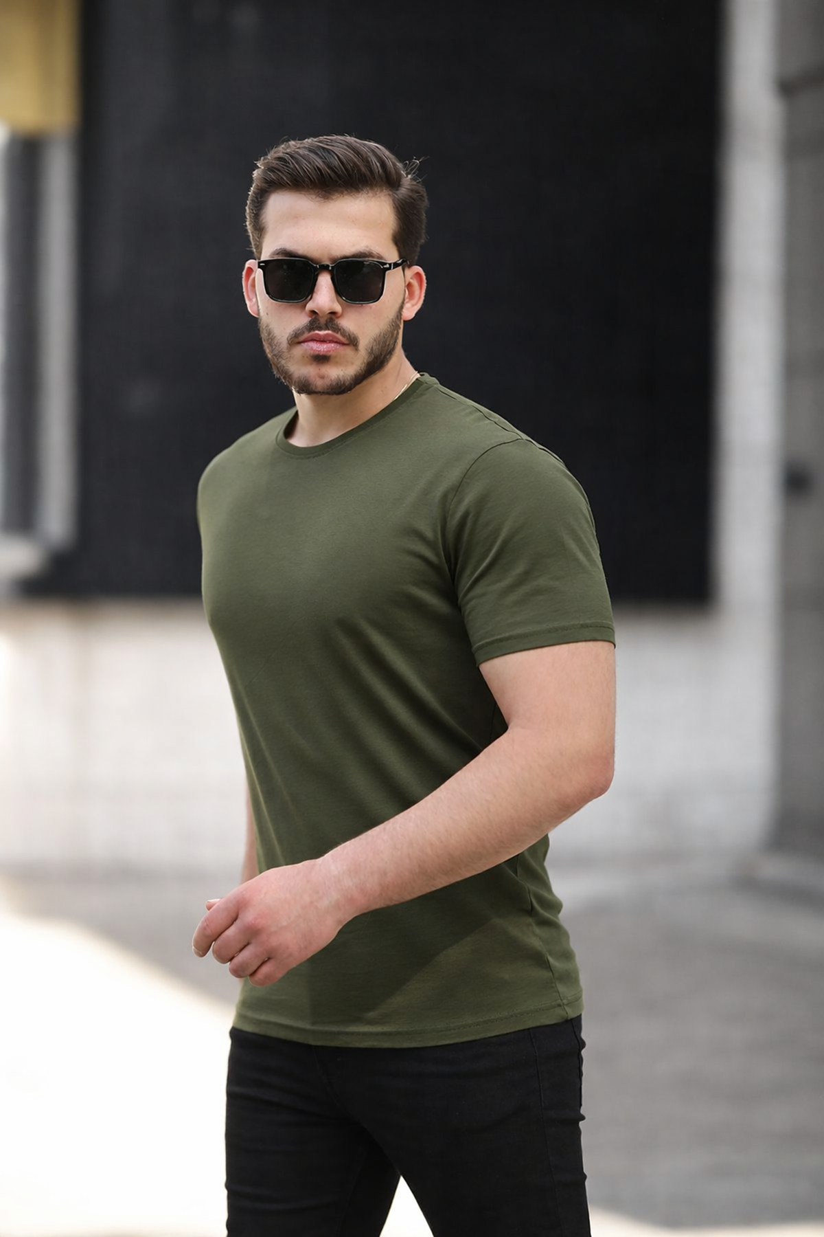 Erkek Basic Bisiklet Yaka Kısa Kollu Dar Haki Tişört