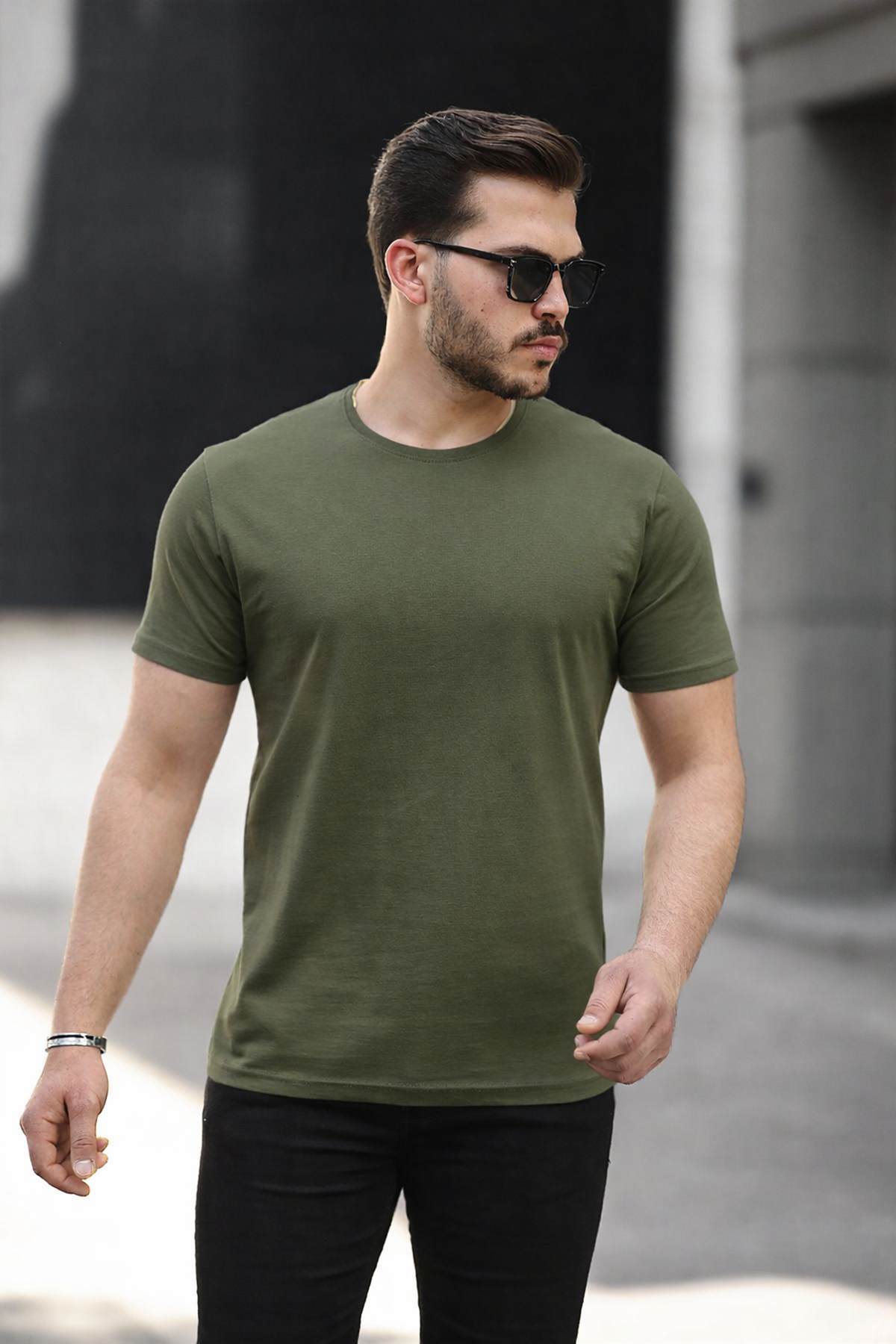 Erkek Basic Bisiklet Yaka Kısa Kollu Dar Haki Tişört