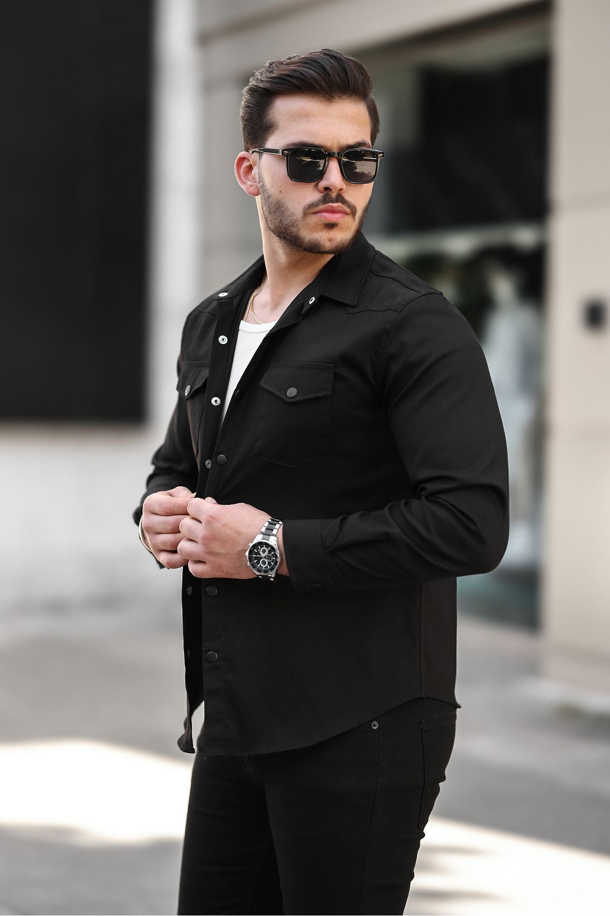 Erkek Mevsimlik Trend Cepli Çıtçıtlı Siyah Kot Gömlek