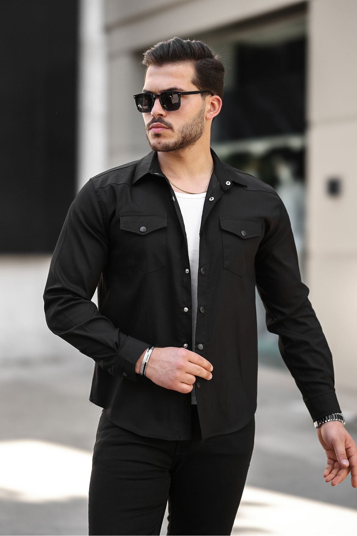 Erkek Mevsimlik Trend Cepli Çıtçıtlı Siyah Kot Gömlek