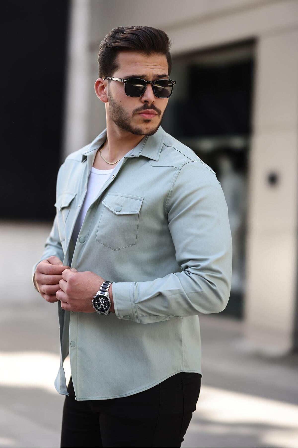 Erkek Mevsimlik Trend Cepli Çıtçıtlı Yeşil Kot Gömlek