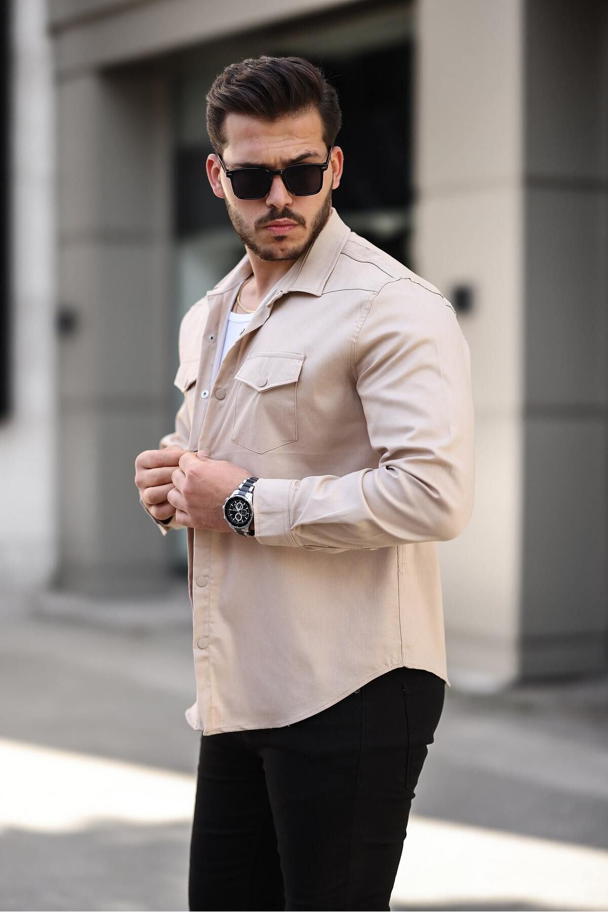 Erkek Mevsimlik Trend Cepli Çıtçıtlı Krem Kot Gömlek