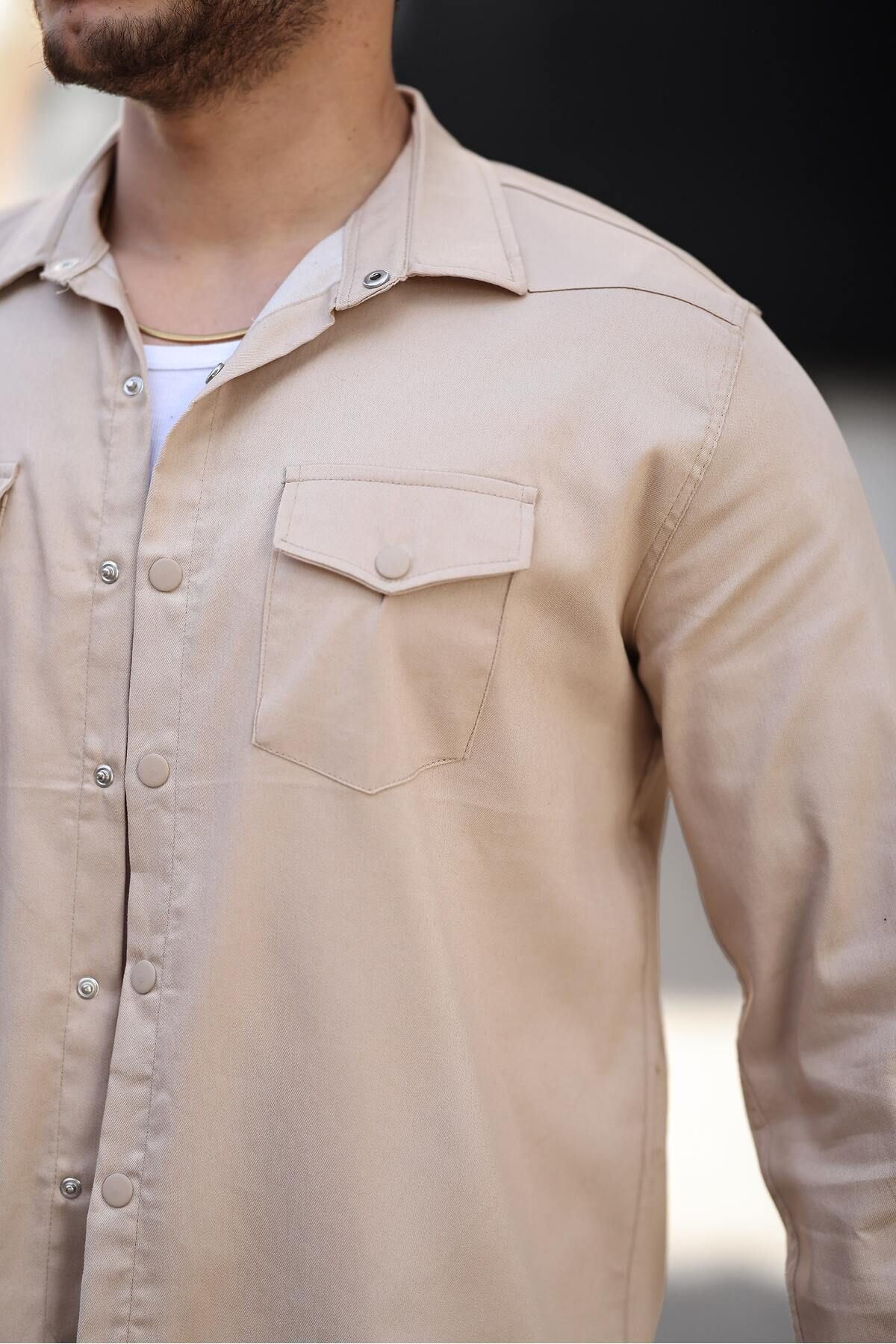 Erkek Mevsimlik Trend Cepli Çıtçıtlı Krem Kot Gömlek