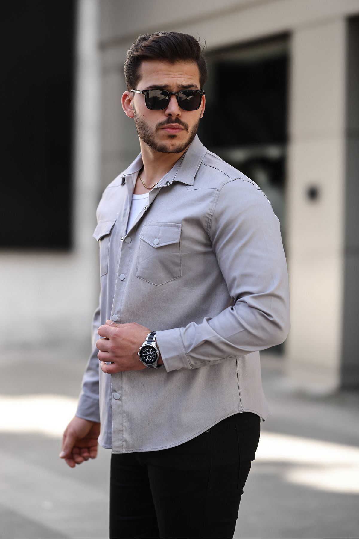 Erkek Mevsimlik Trend Cepli Çıtçıtlı Gri Kot Gömlek