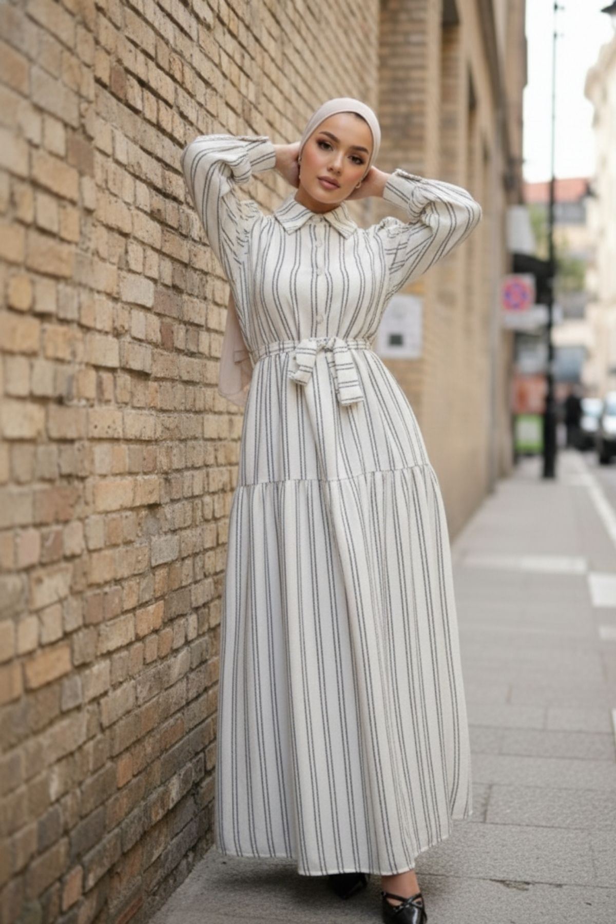 Kadın Düğmeli Şık Salaş Çizgili Beyaz Uzun Elbise