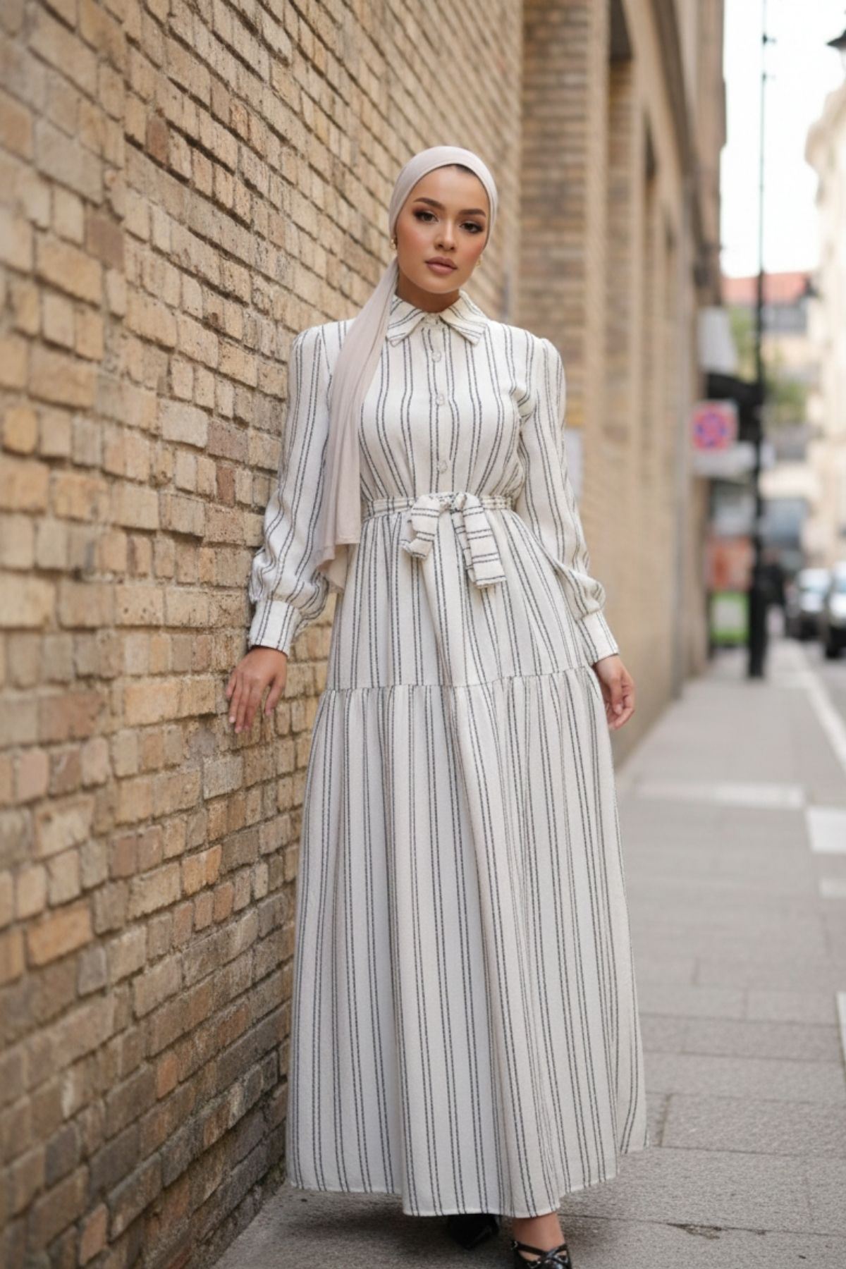 Kadın Düğmeli Şık Salaş Çizgili Beyaz Uzun Elbise