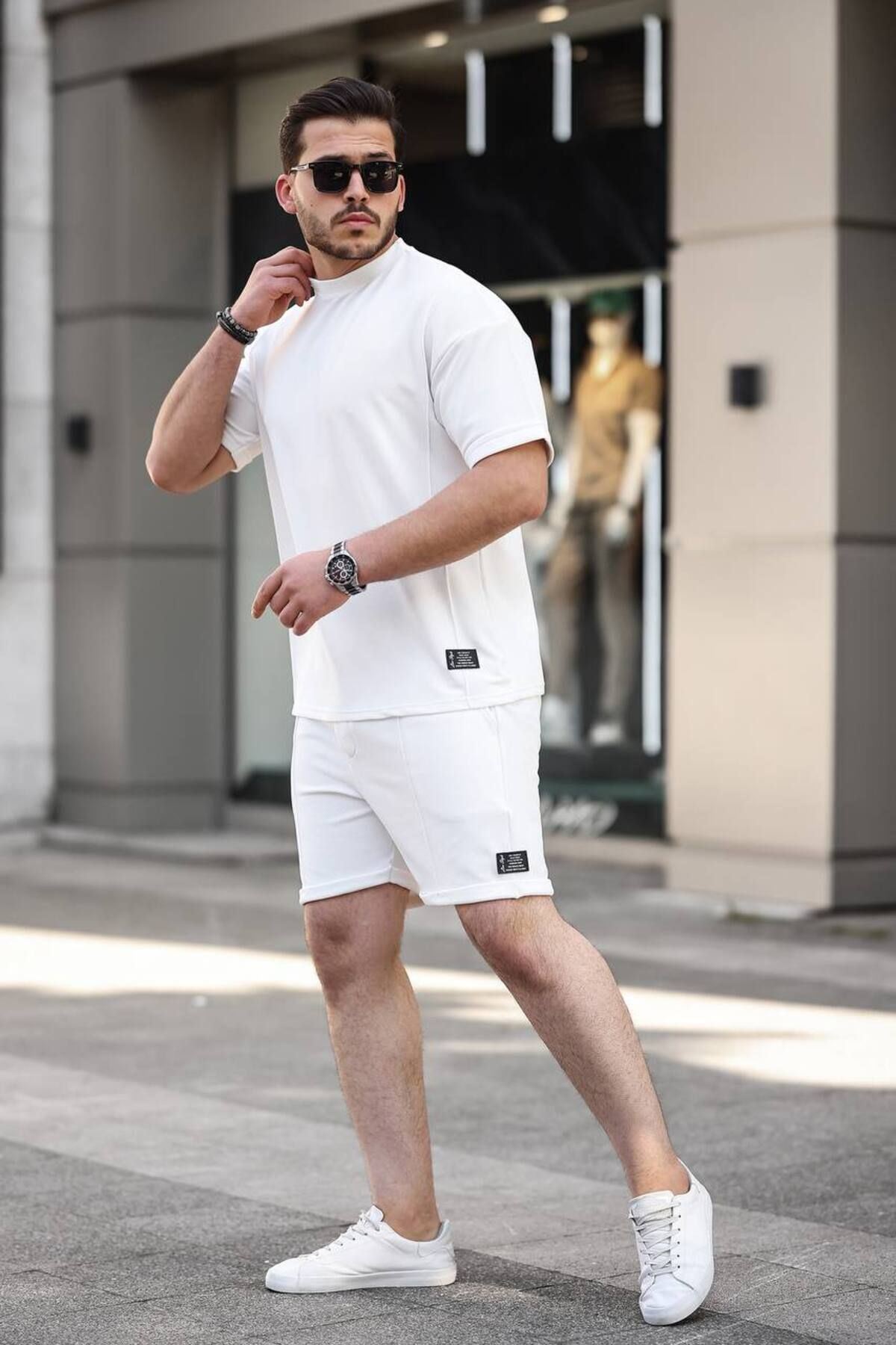 Erkek Alt Üst Oversize Tişört Basic Şort Beyaz Ikili Takım