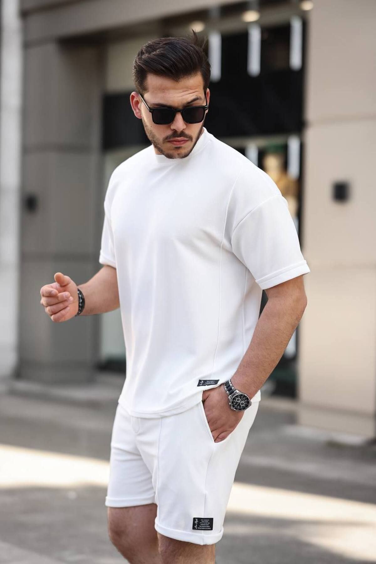 Erkek Alt Üst Oversize Tişört Basic Şort Beyaz Ikili Takım