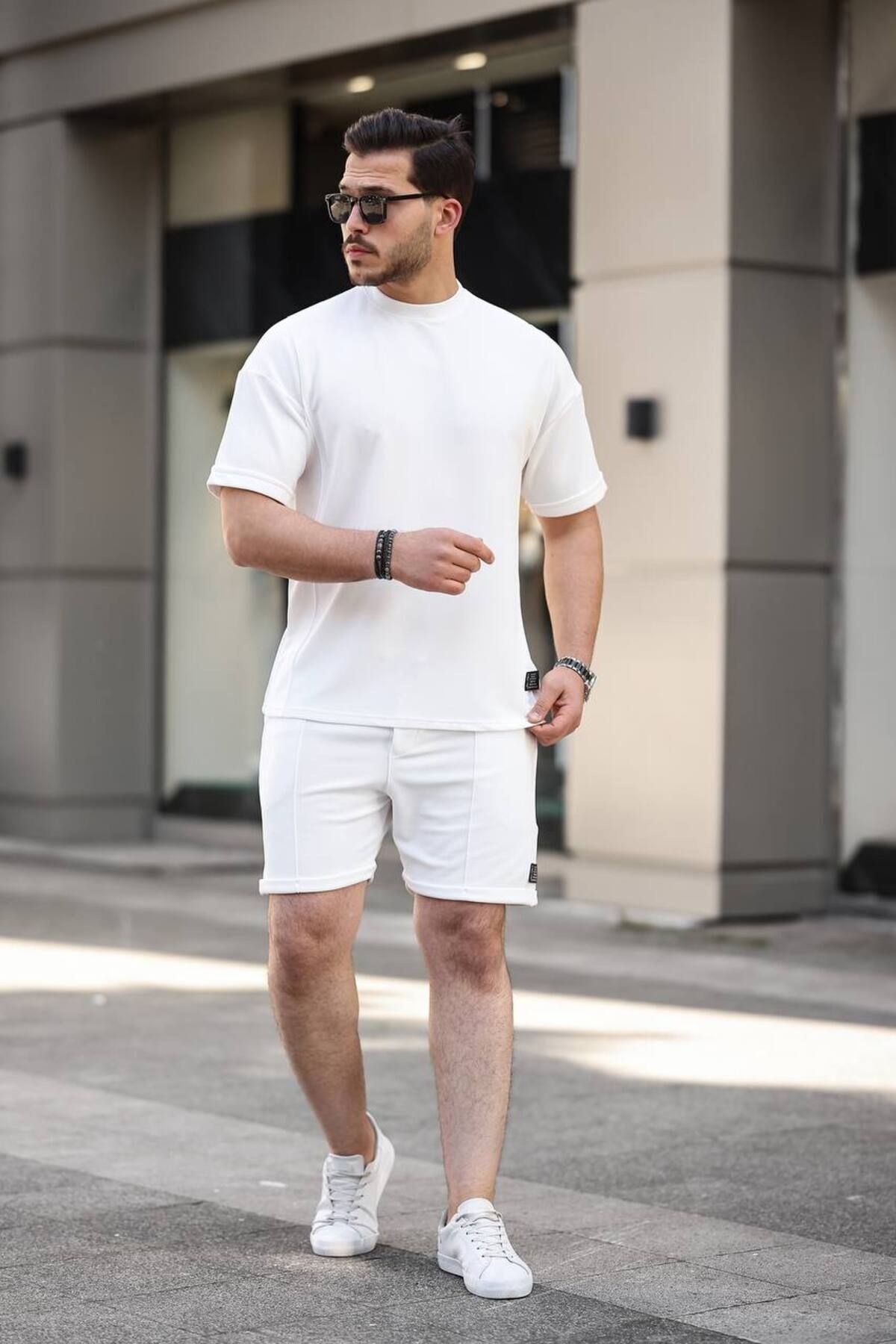 Erkek Alt Üst Oversize Tişört Basic Şort Beyaz Ikili Takım