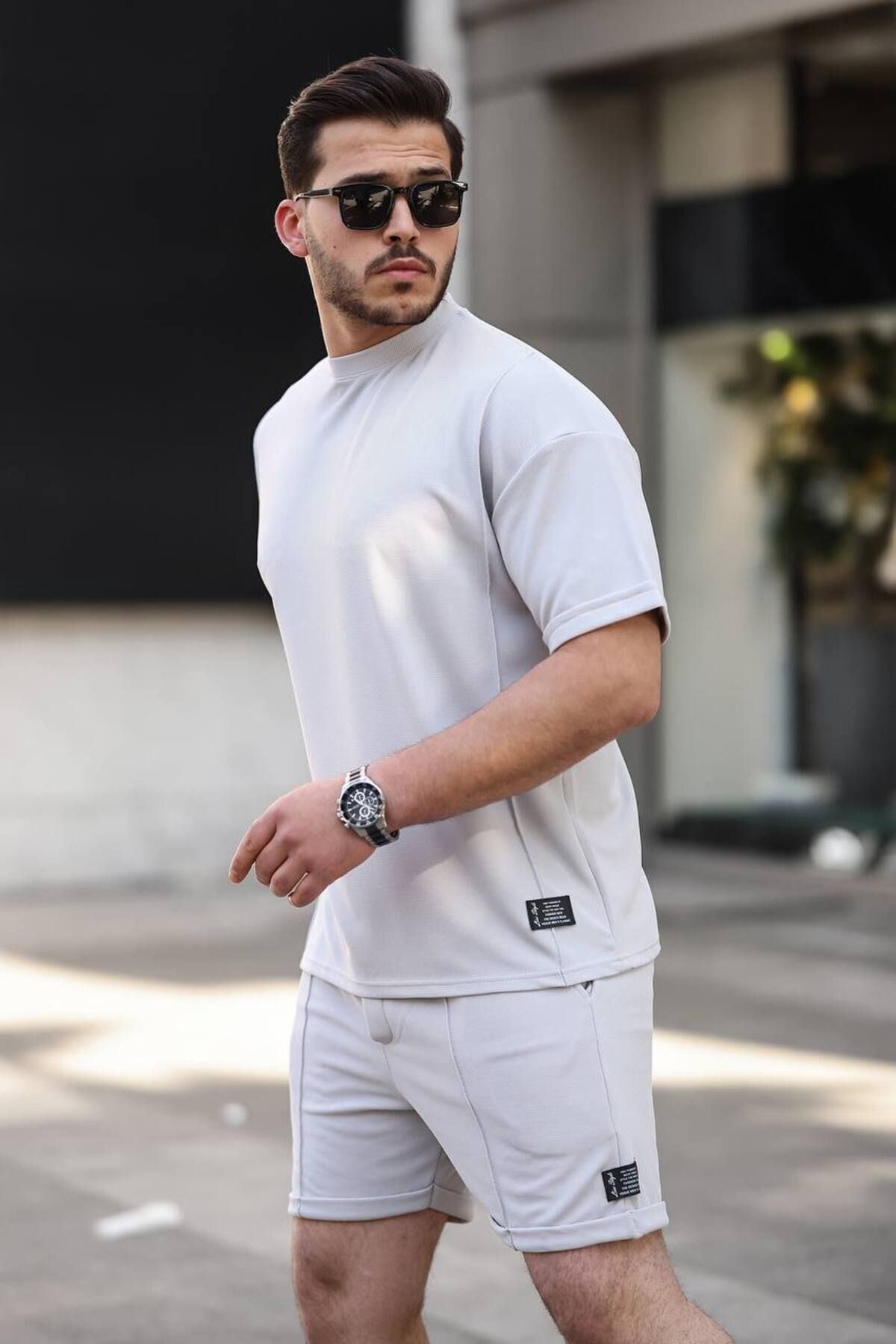 Erkek Alt Üst Oversize Tişört Basic Şort Gri Ikili Takım