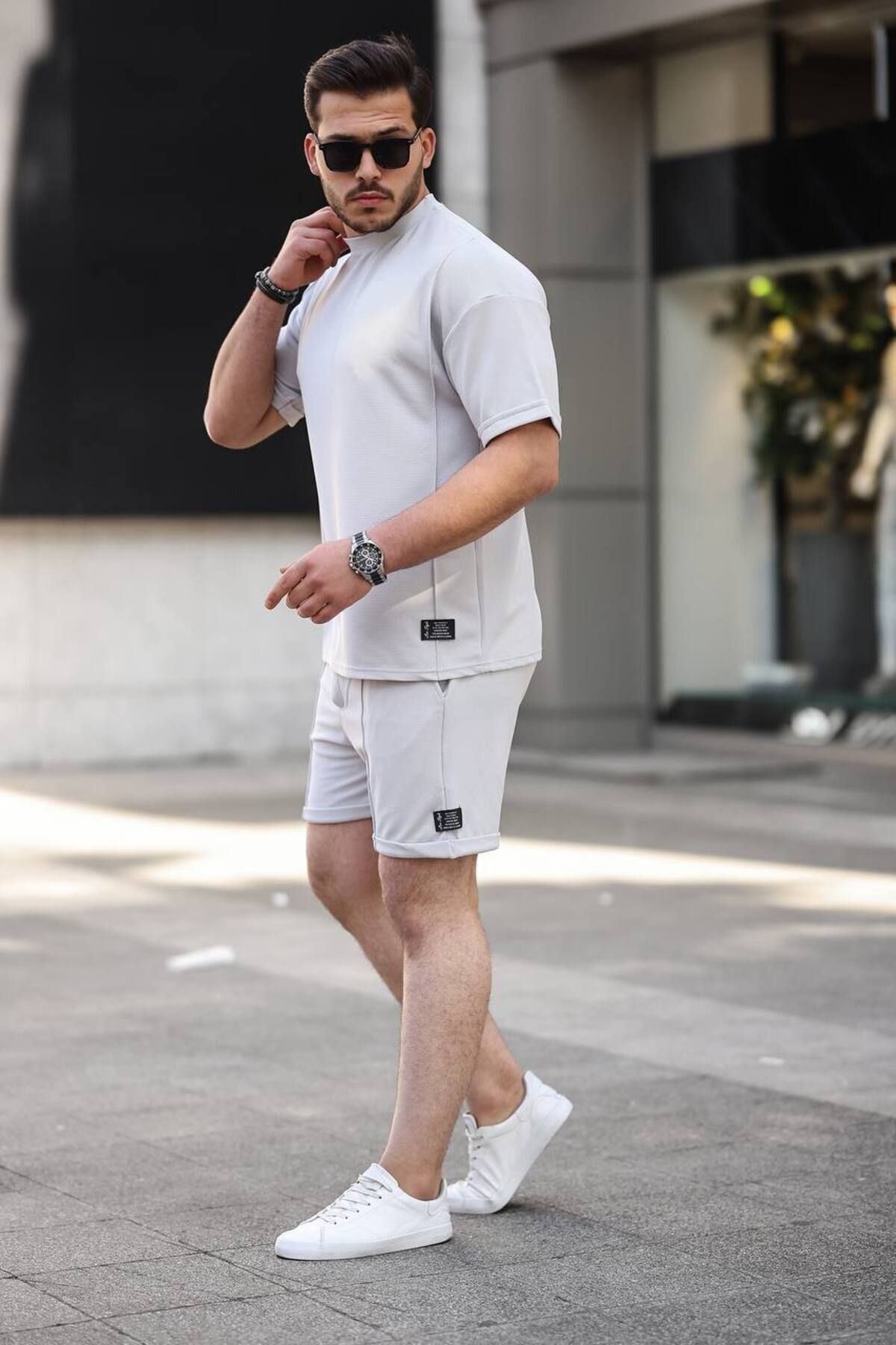 Erkek Alt Üst Oversize Tişört Basic Şort Gri Ikili Takım