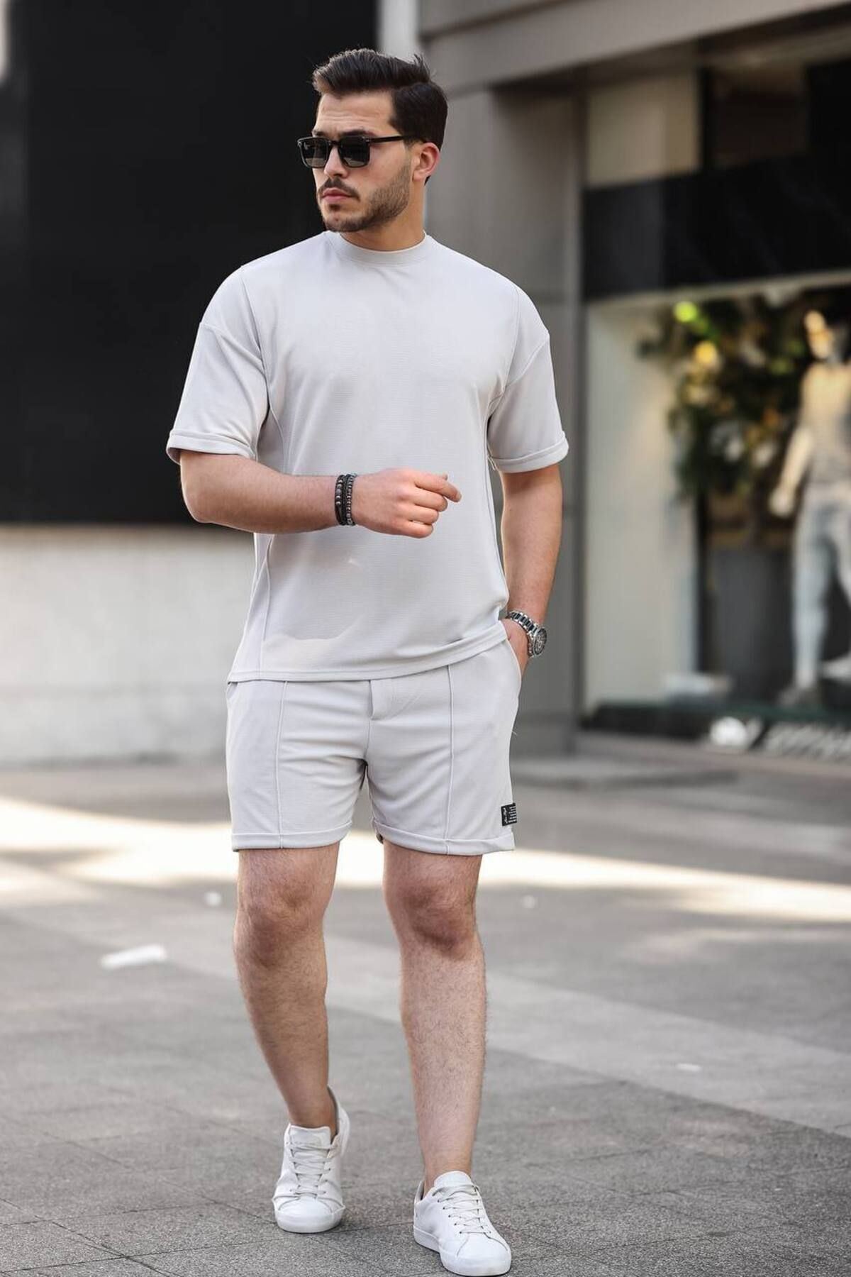 Erkek Alt Üst Oversize Tişört Basic Şort Gri Ikili Takım